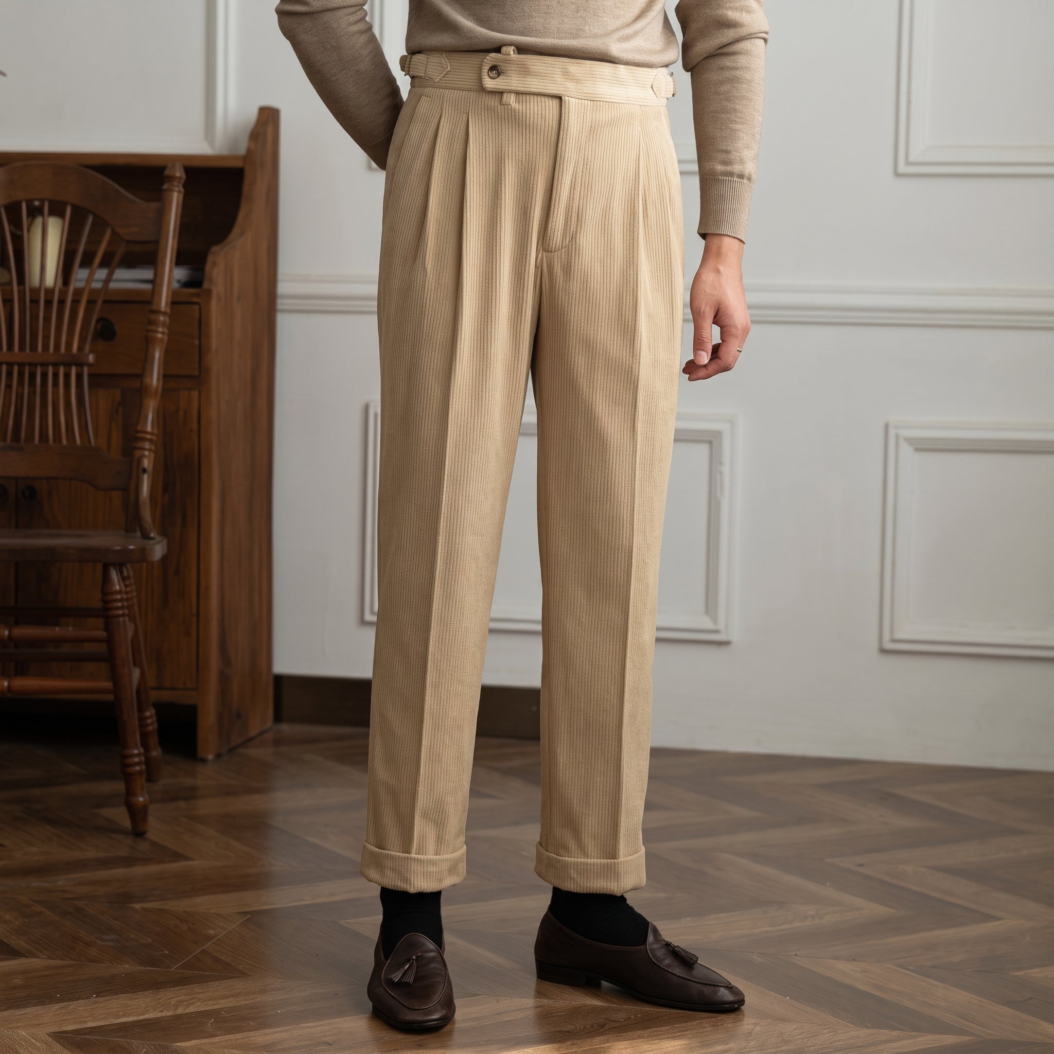 Charlie - Men's High-Waisted Ribbed Texture Trousers - Trousers - Cream - Taylor & Bennett