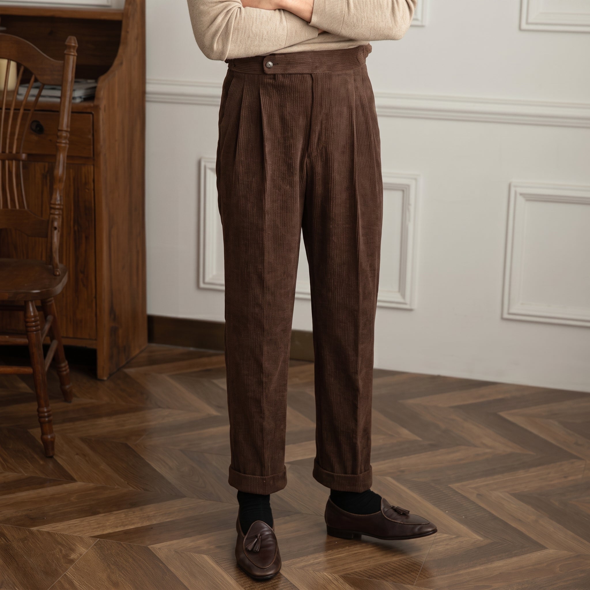 Charlie - Men's High-Waisted Ribbed Texture Trousers - Trousers - Dark Brown - Taylor & Bennett
