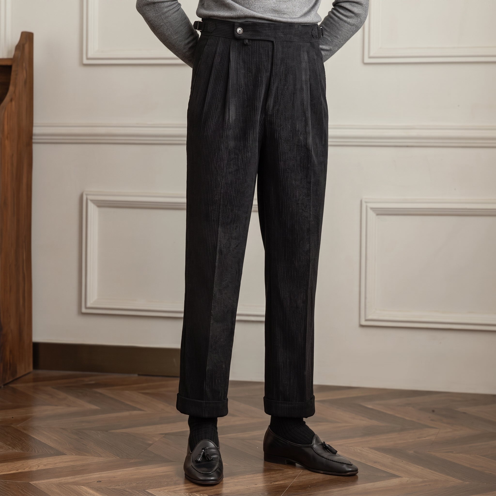 Charlie - Men's High-Waisted Ribbed Texture Trousers - Trousers - Black - Taylor & Bennett
