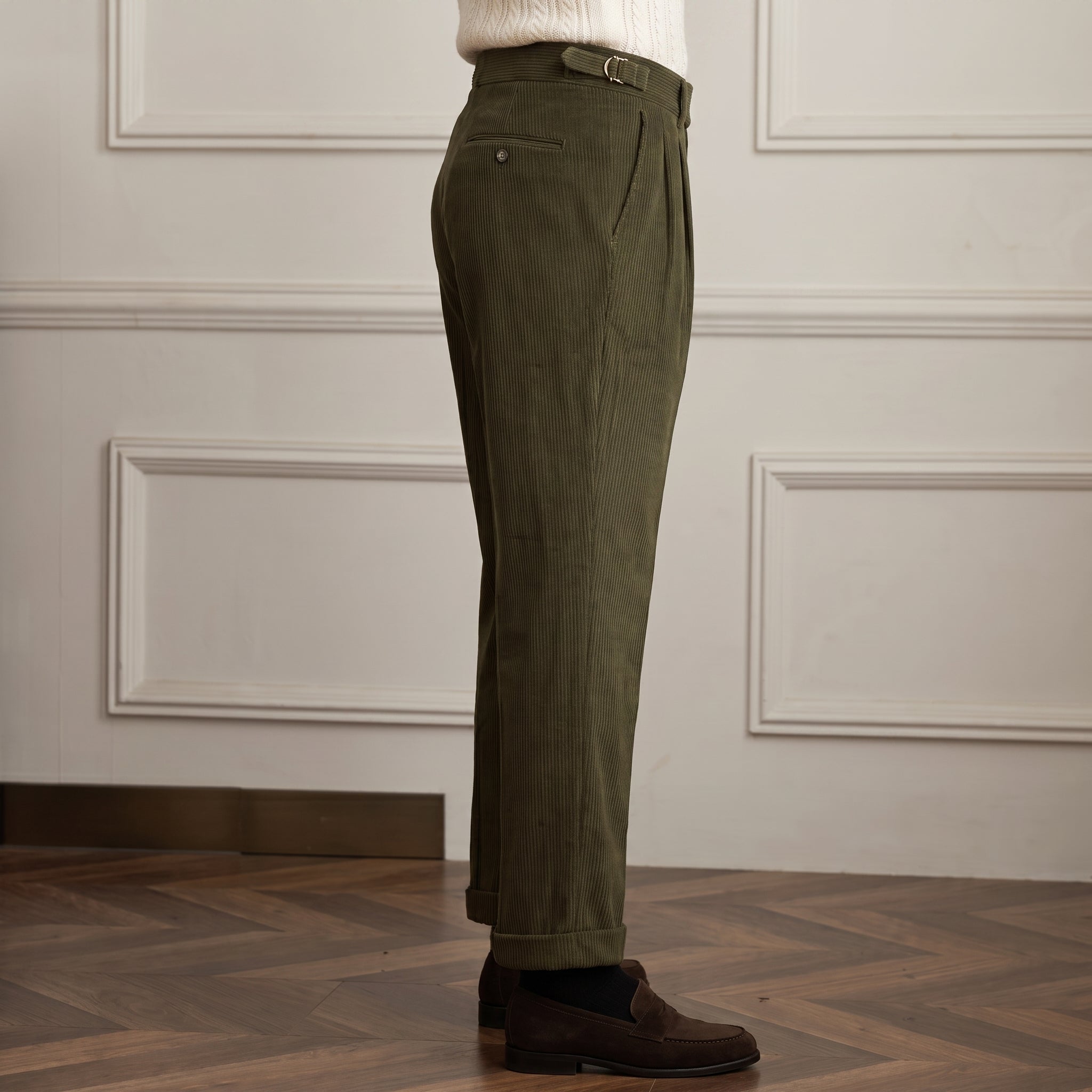 Charlie - Men's High-Waisted Ribbed Texture Trousers - Trousers - Green - Taylor & Bennett