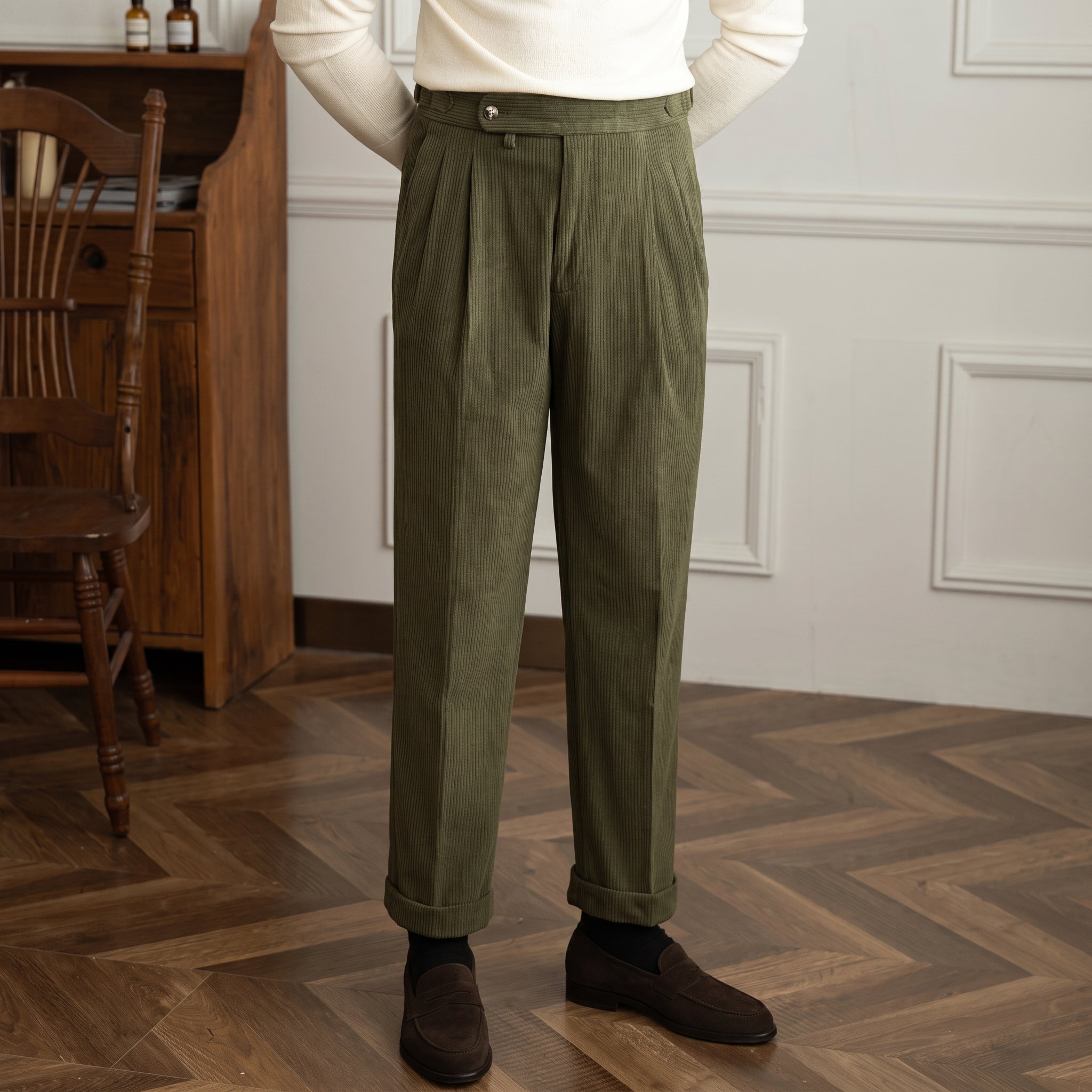 Charlie - Men's High-Waisted Ribbed Texture Trousers - Trousers - Green - Taylor & Bennett