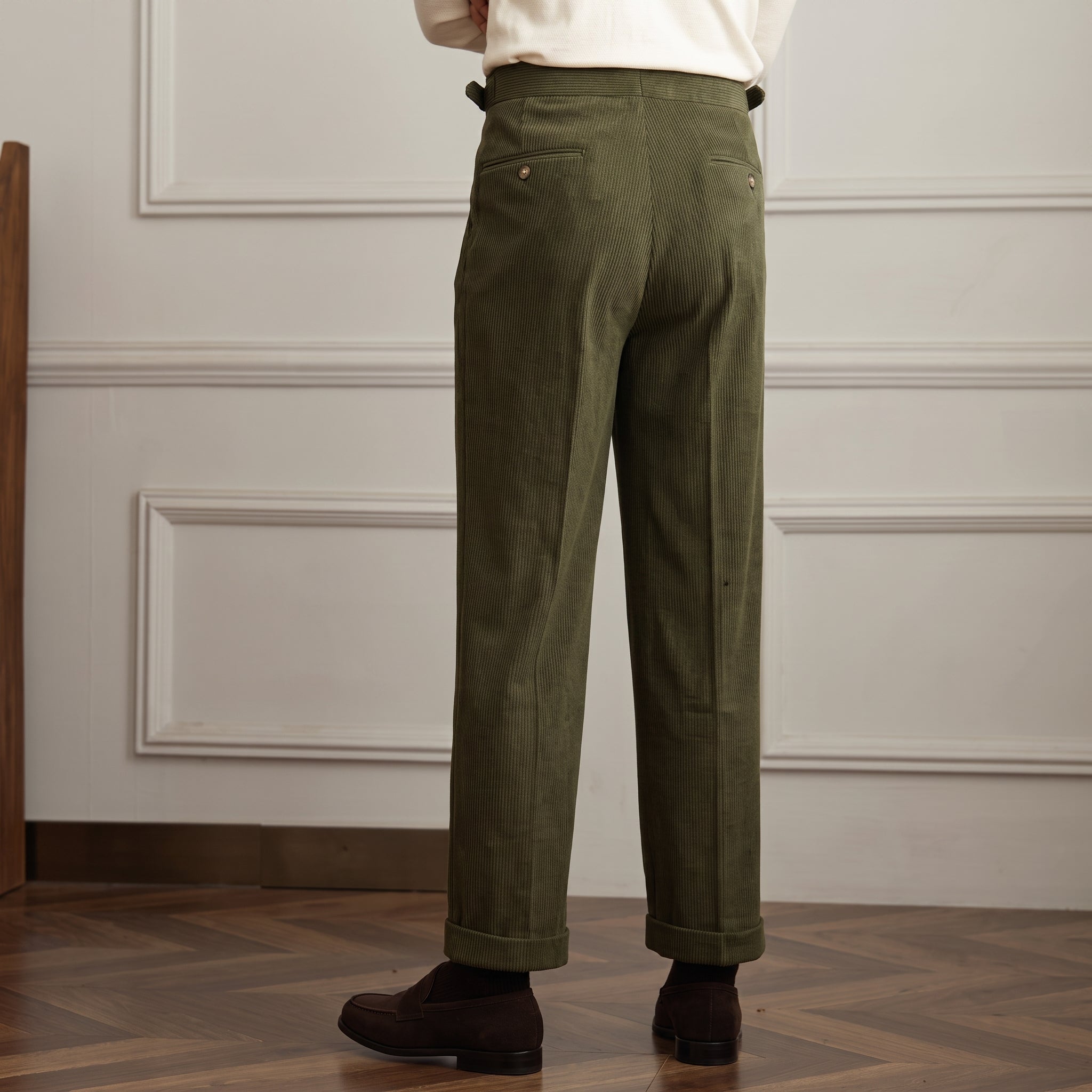 Charlie - Men's High-Waisted Ribbed Texture Trousers - Trousers - Green - Taylor & Bennett