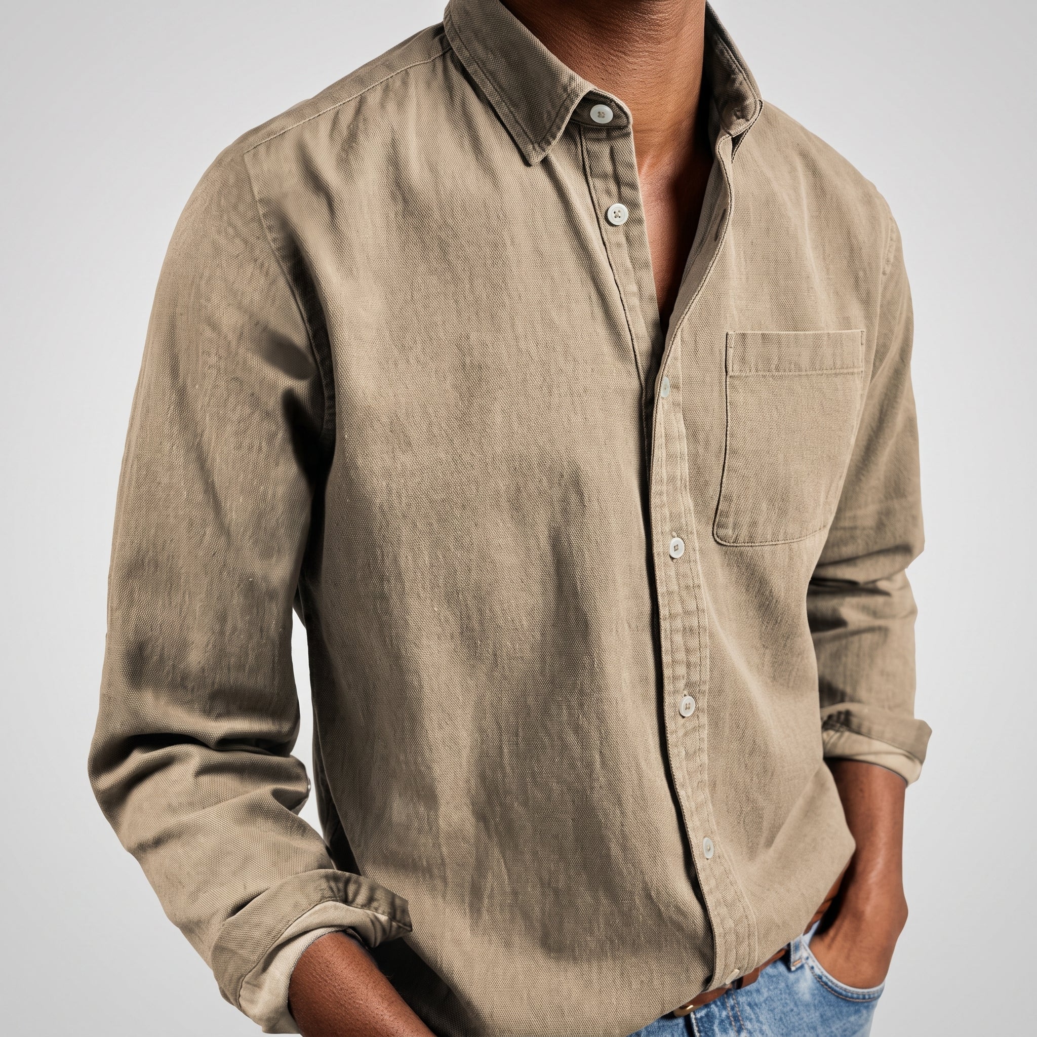 Charlie - Men's Relaxed Fit Button-Down Denim-Style Shirt - Shirts - Beige - Taylor & Bennett