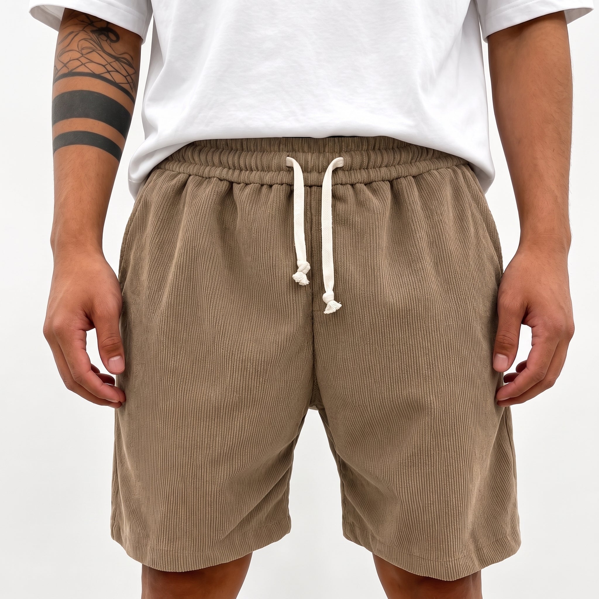 Charlie - Men's Summer Drawstring Waist Corduroy Shorts - Shorts - Brown - Taylor & Bennett