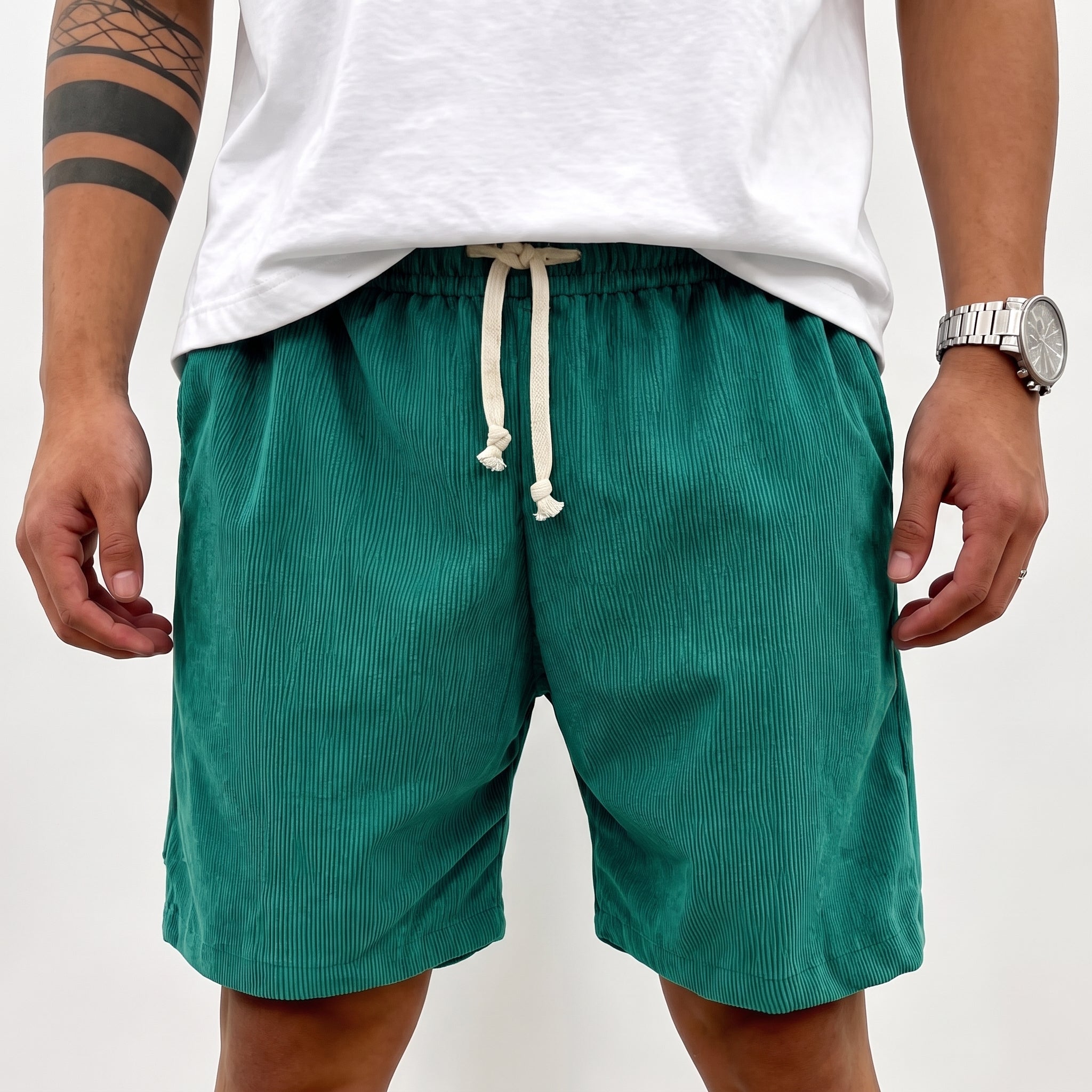 Charlie - Men's Summer Drawstring Waist Corduroy Shorts - Shorts - Green - Taylor & Bennett