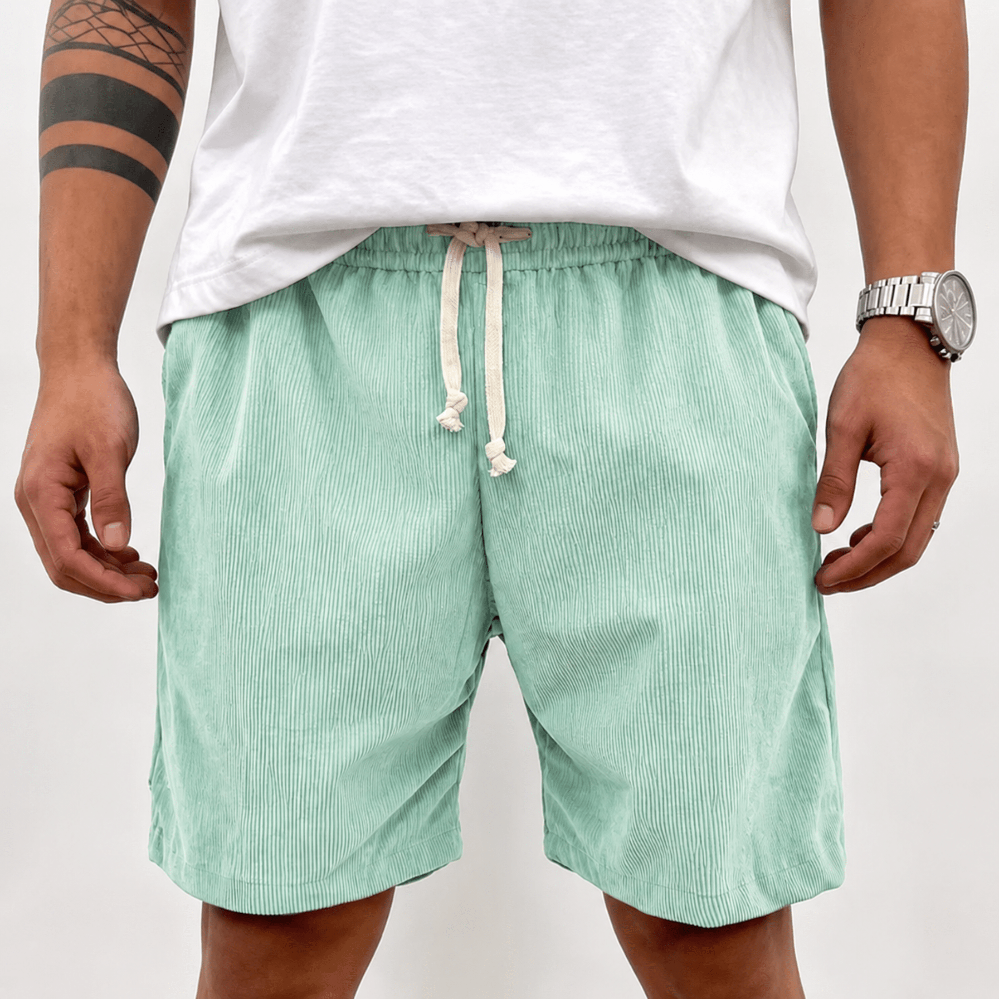 Charlie - Men's Summer Drawstring Waist Corduroy Shorts - Shorts - Light Green - Taylor & Bennett
