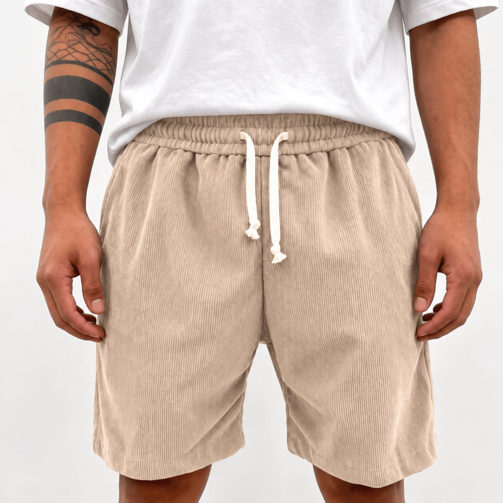 Charlie - Men's Summer Drawstring Waist Corduroy Shorts - Shorts - Beige - Taylor & Bennett