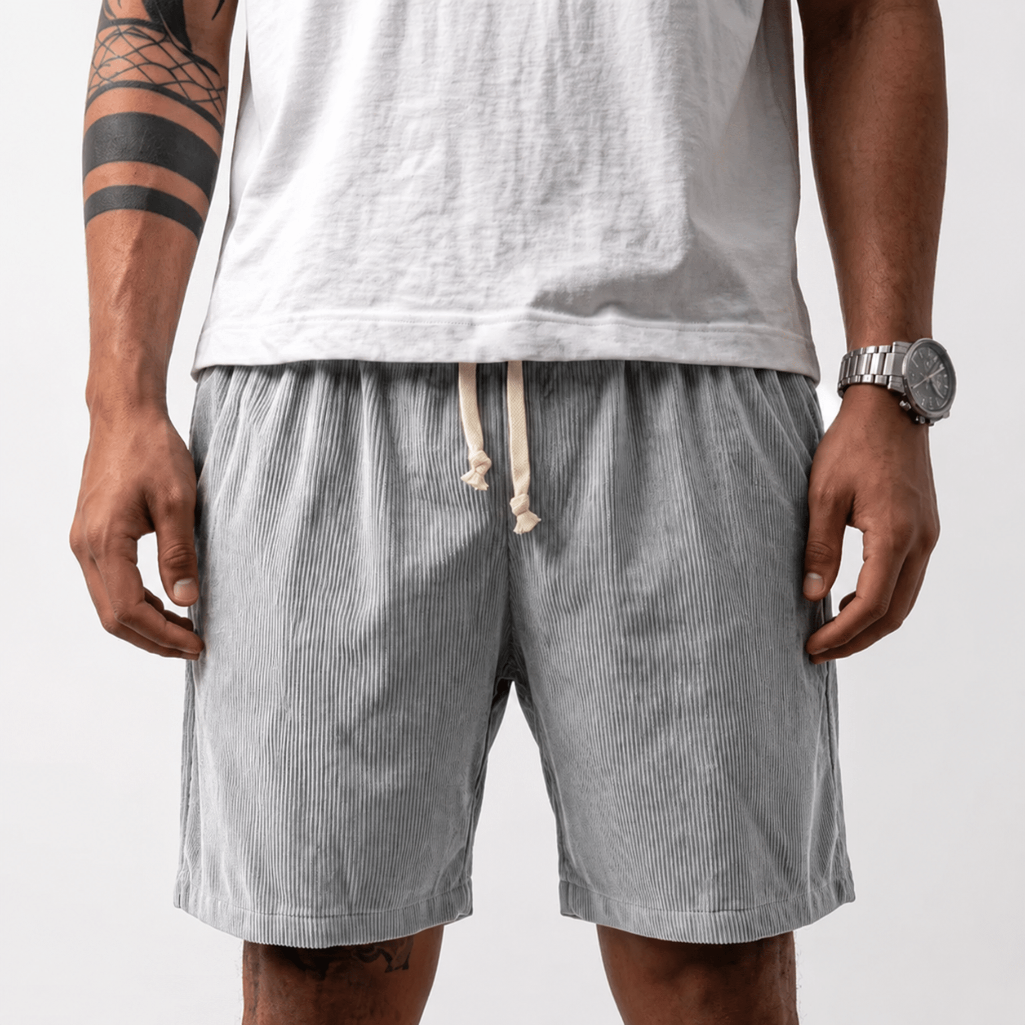 Charlie - Men's Summer Drawstring Waist Corduroy Shorts - Shorts - Light Grey - Taylor & Bennett