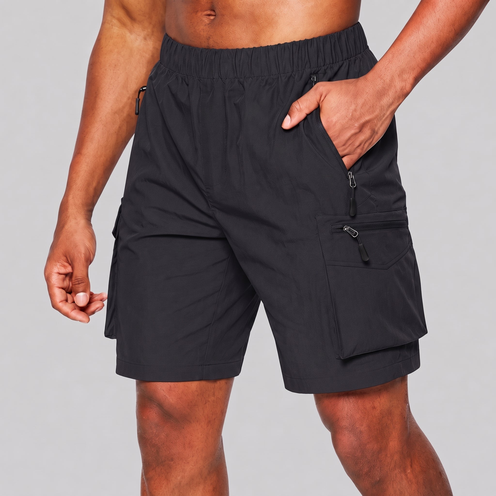 Charlie - Men's Summer Elastic Waist Cargo Shorts - Cargo Shorts - Black - Taylor & Bennett