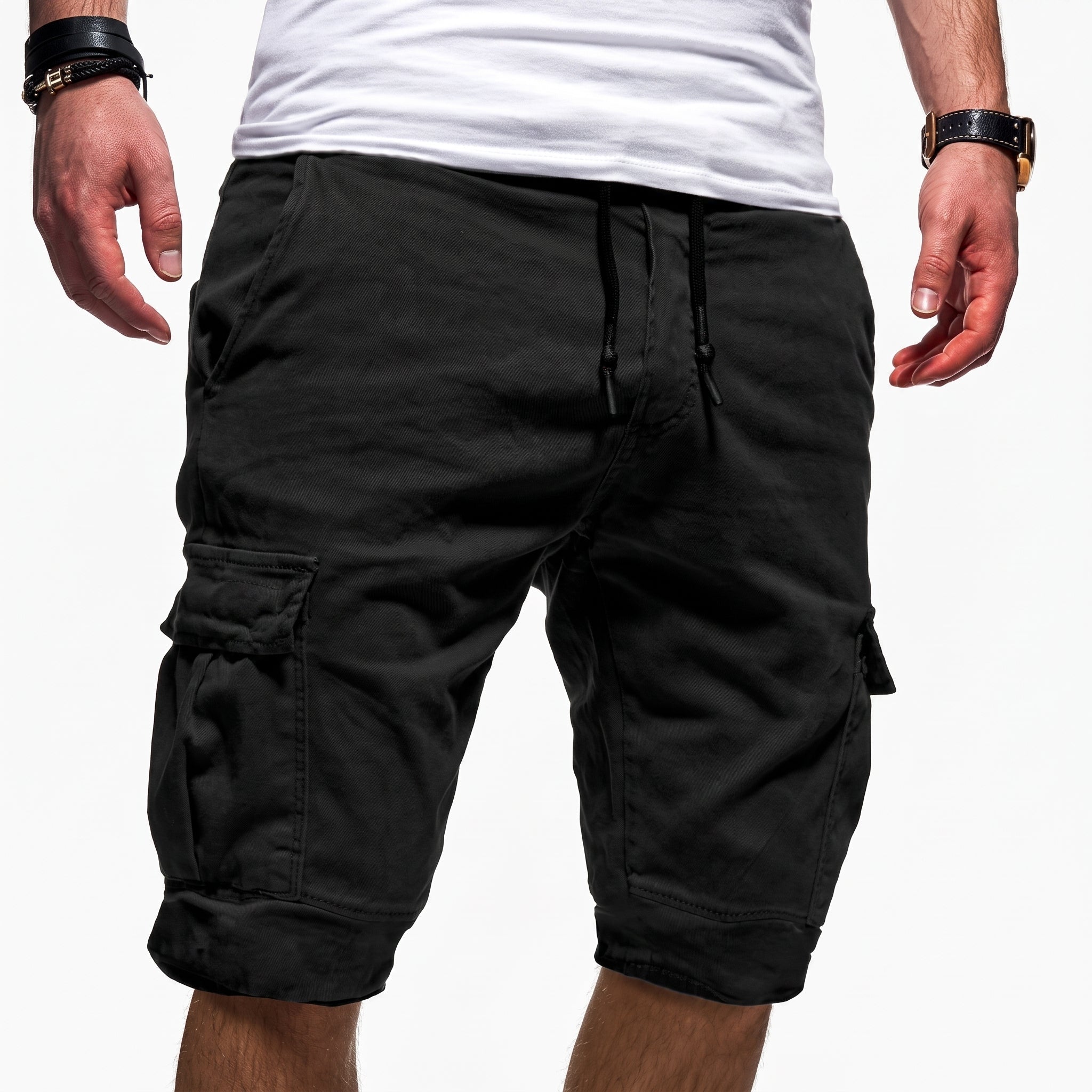 Charlie - Men's Summer Relaxed Fit Drawstring Waist Cargo Shorts - Shorts Men - Black - Taylor & Bennett
