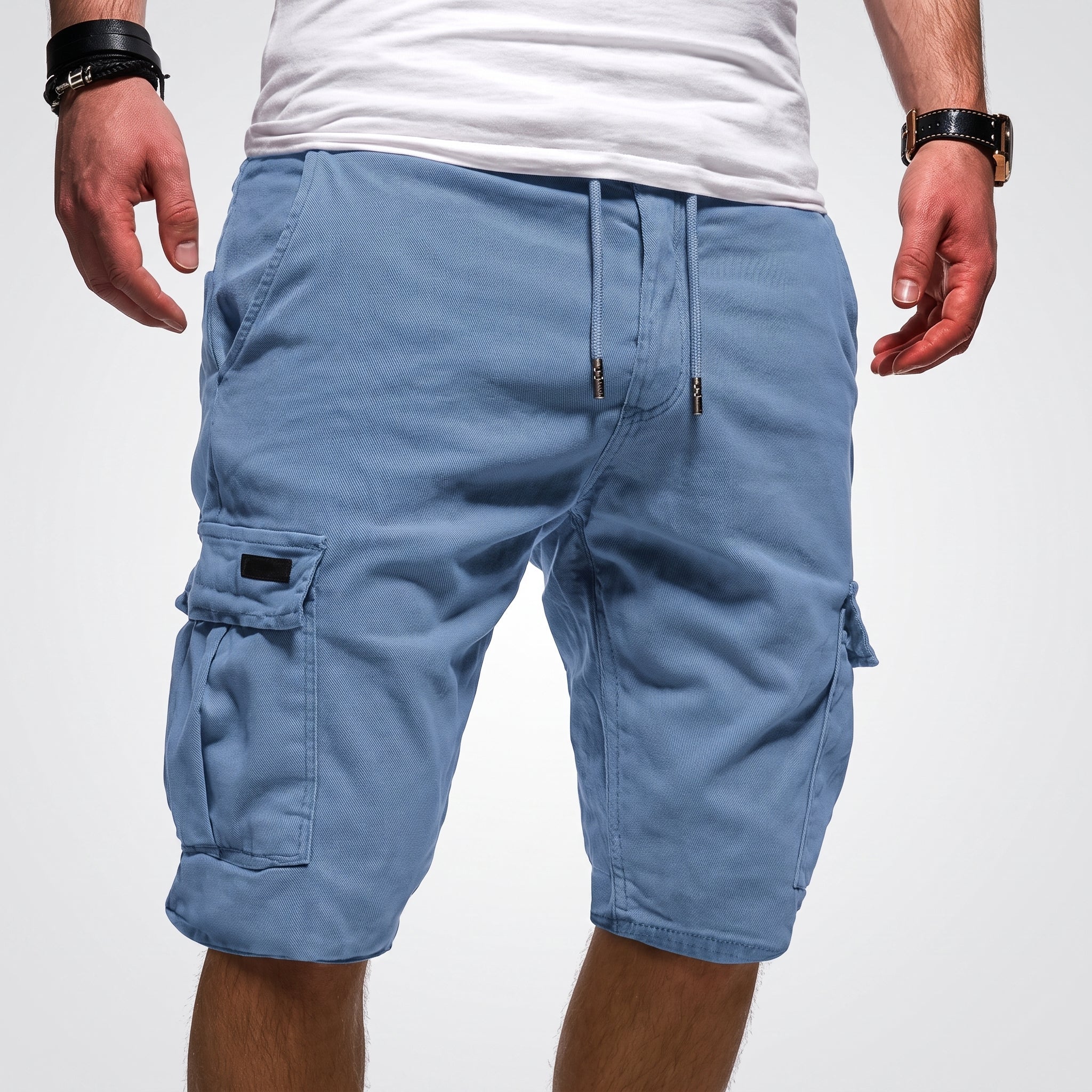 Charlie - Men's Summer Relaxed Fit Drawstring Waist Cargo Shorts - Shorts Men - Blue - Taylor & Bennett