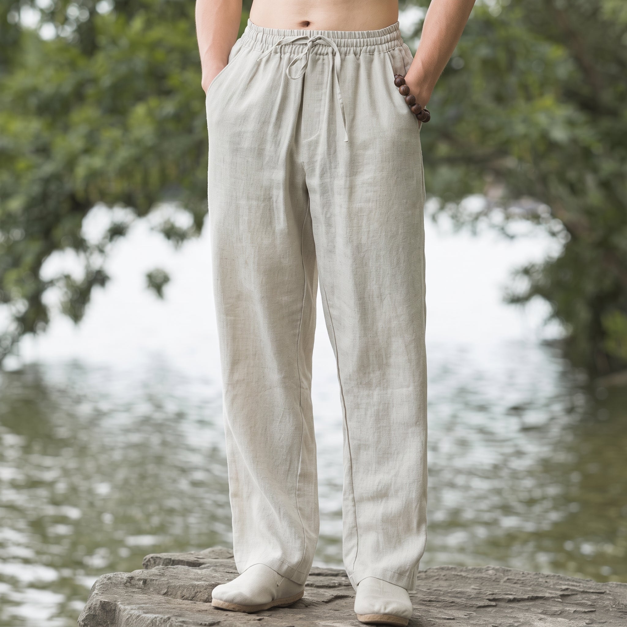 Charlie - Men's Summer Relaxed Straight Leg Drawstring Trousers - Pants & Trousers - Beige - Taylor & Bennett