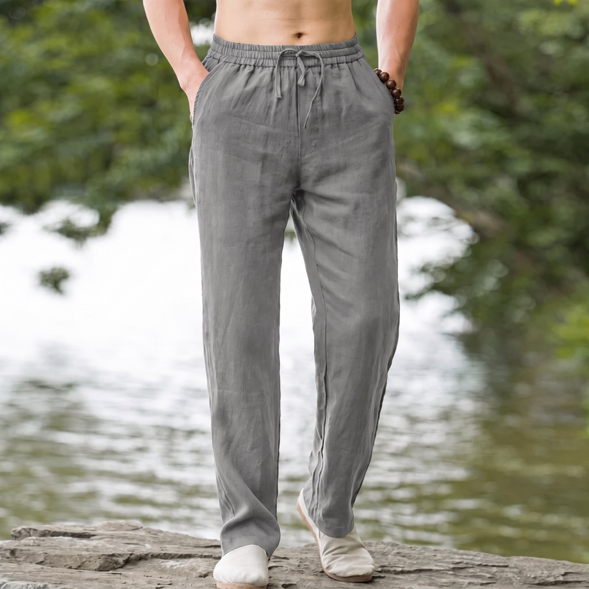 Charlie - Men's Summer Relaxed Straight Leg Drawstring Trousers - Pants & Trousers - Grey - Taylor & Bennett