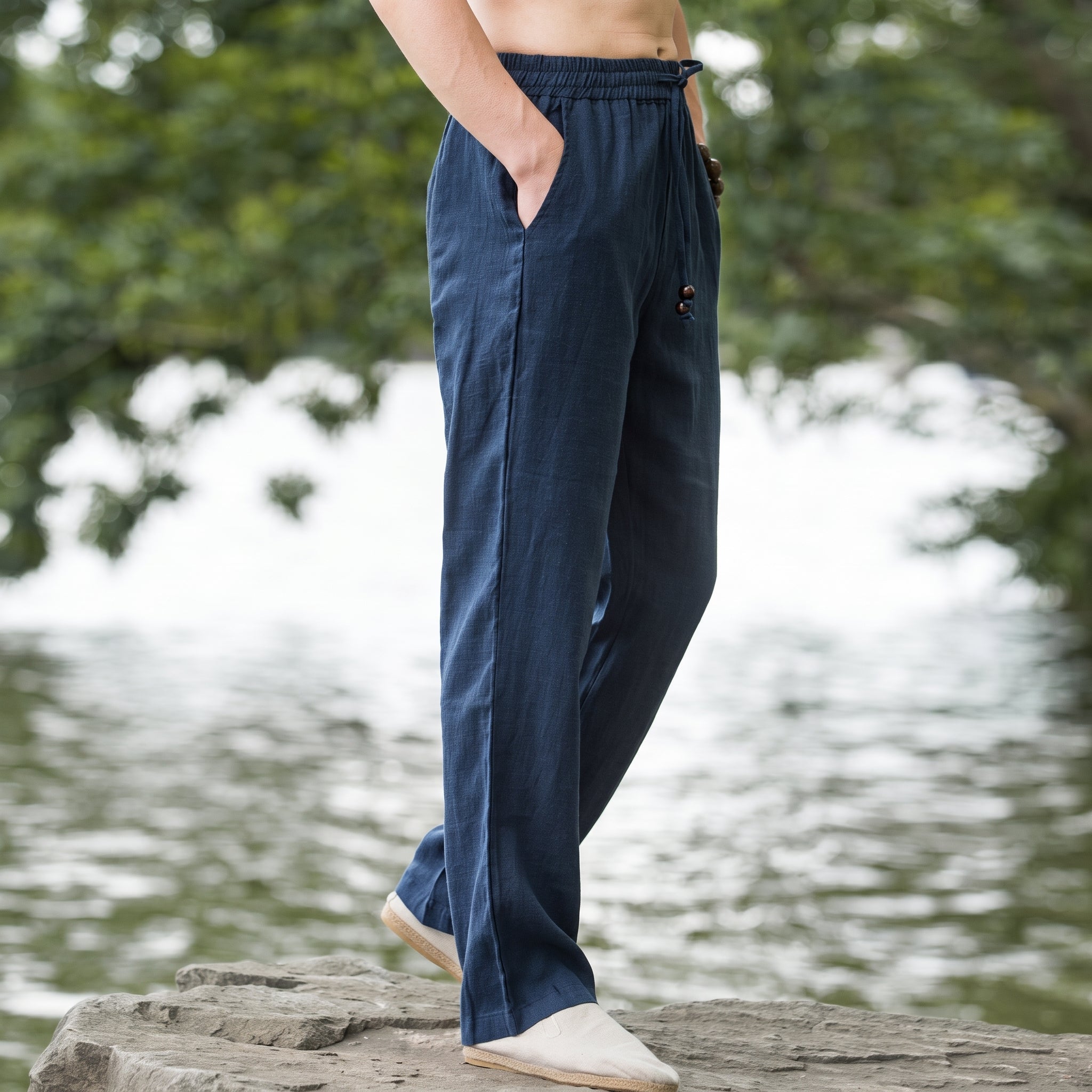 Charlie - Men's Summer Relaxed Straight Leg Drawstring Trousers - Pants & Trousers - Blue - Taylor & Bennett
