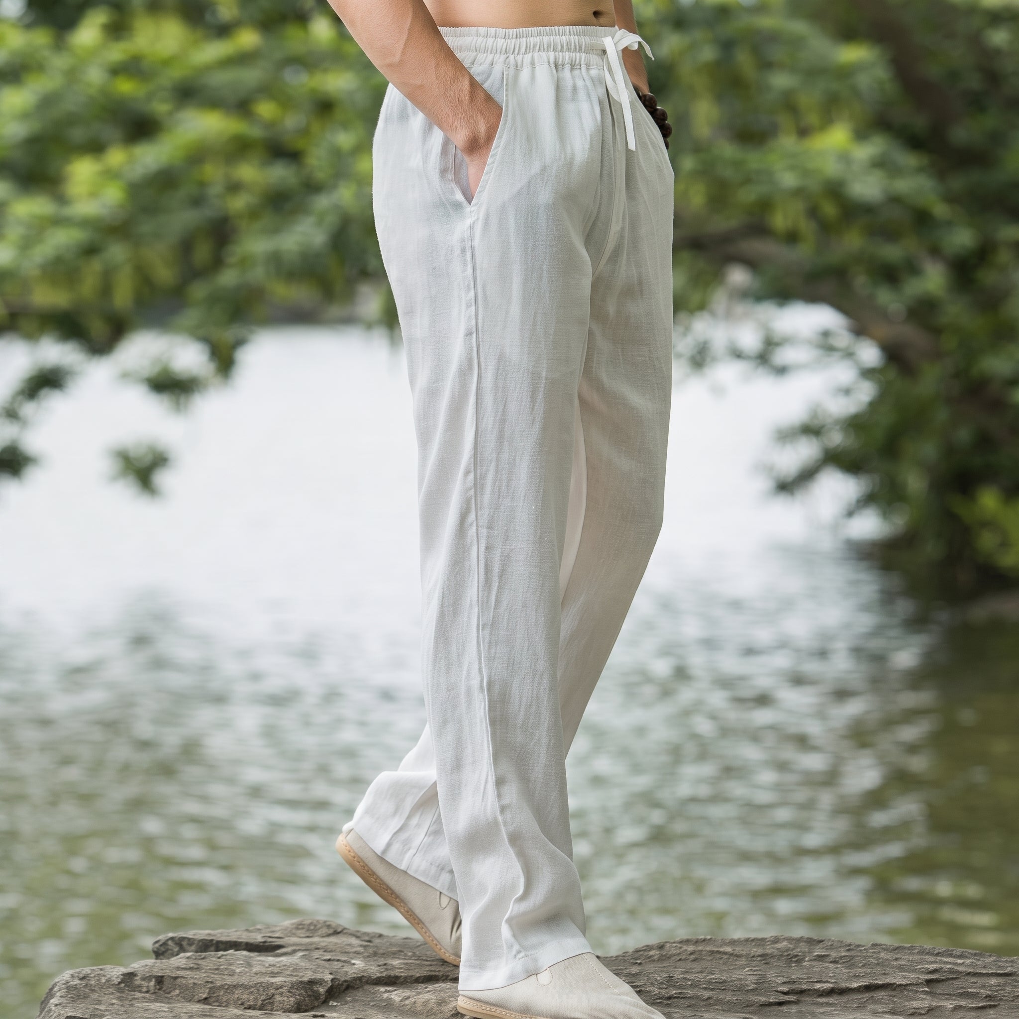 Charlie - Men's Summer Relaxed Straight Leg Drawstring Trousers - Pants & Trousers - White - Taylor & Bennett