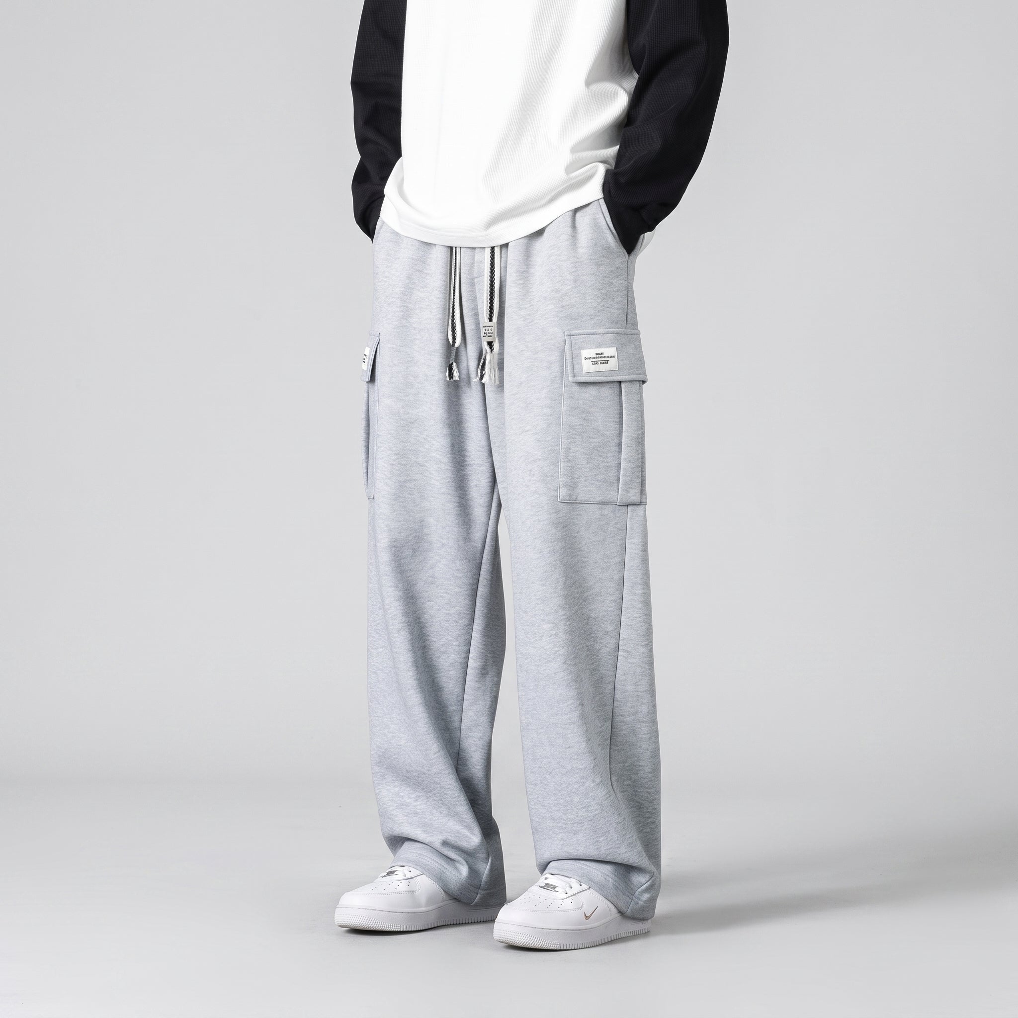 Charlie - Men's Wide-Leg Cargo Jogger Trousers with Drawstring Waist - Joggers - Light Grey - Taylor & Bennett