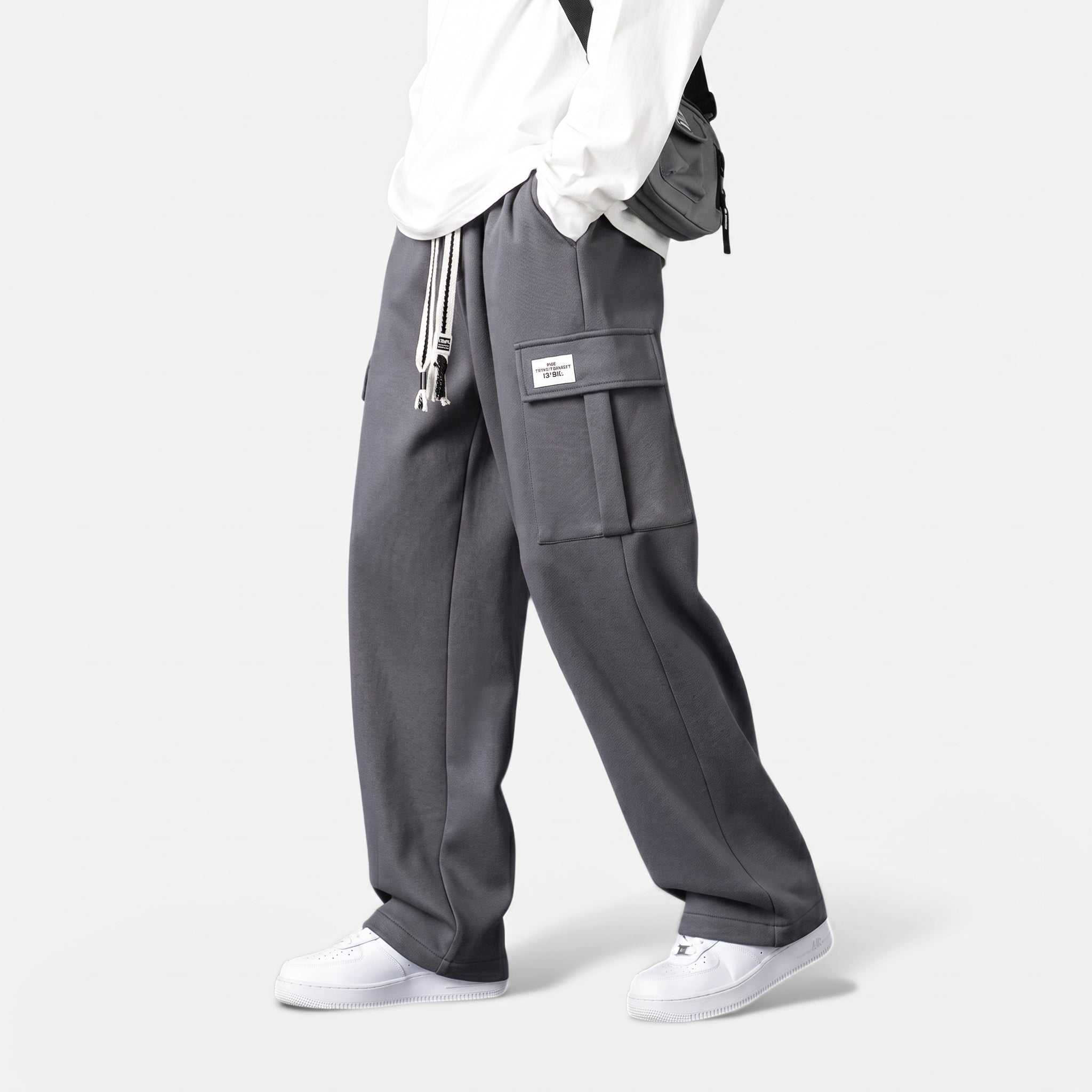 Charlie - Men's Wide-Leg Cargo Jogger Trousers with Drawstring Waist - Joggers - Dark Grey - Taylor & Bennett