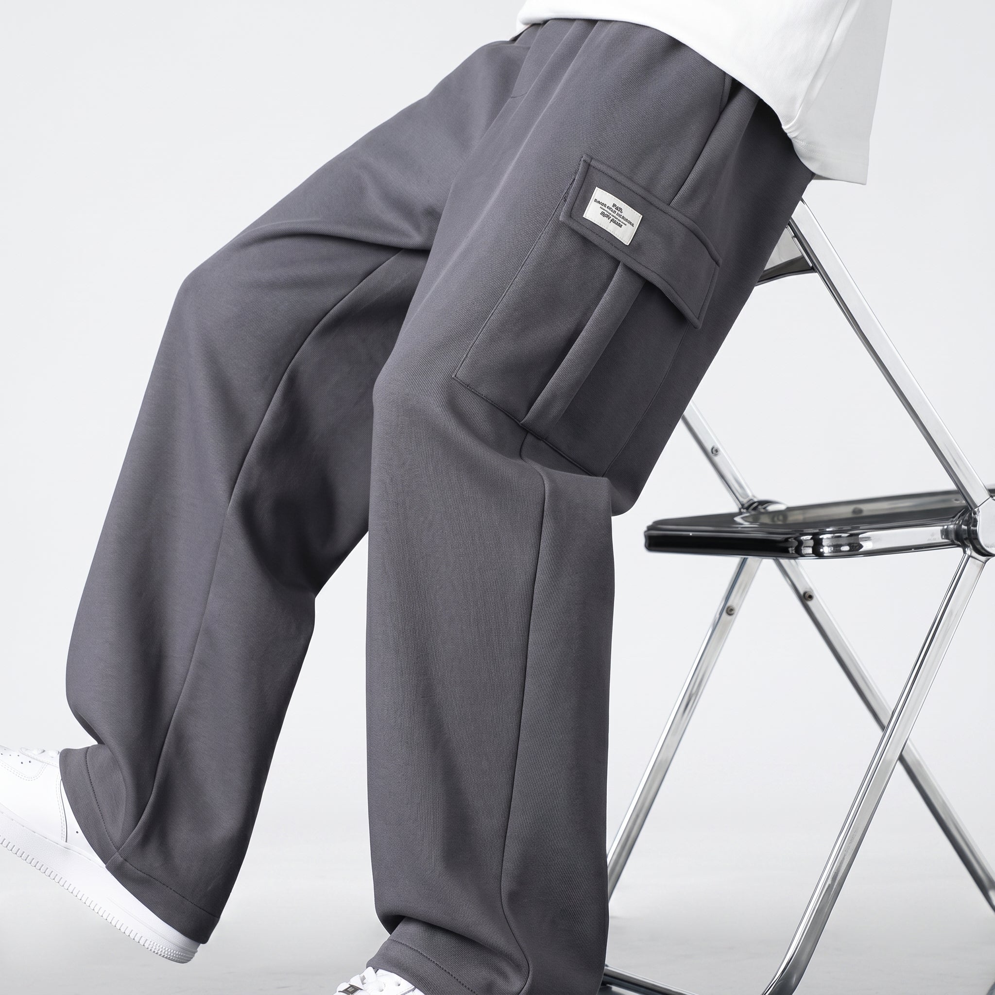 Charlie - Men's Wide-Leg Cargo Jogger Trousers with Drawstring Waist - Joggers - Dark Grey - Taylor & Bennett