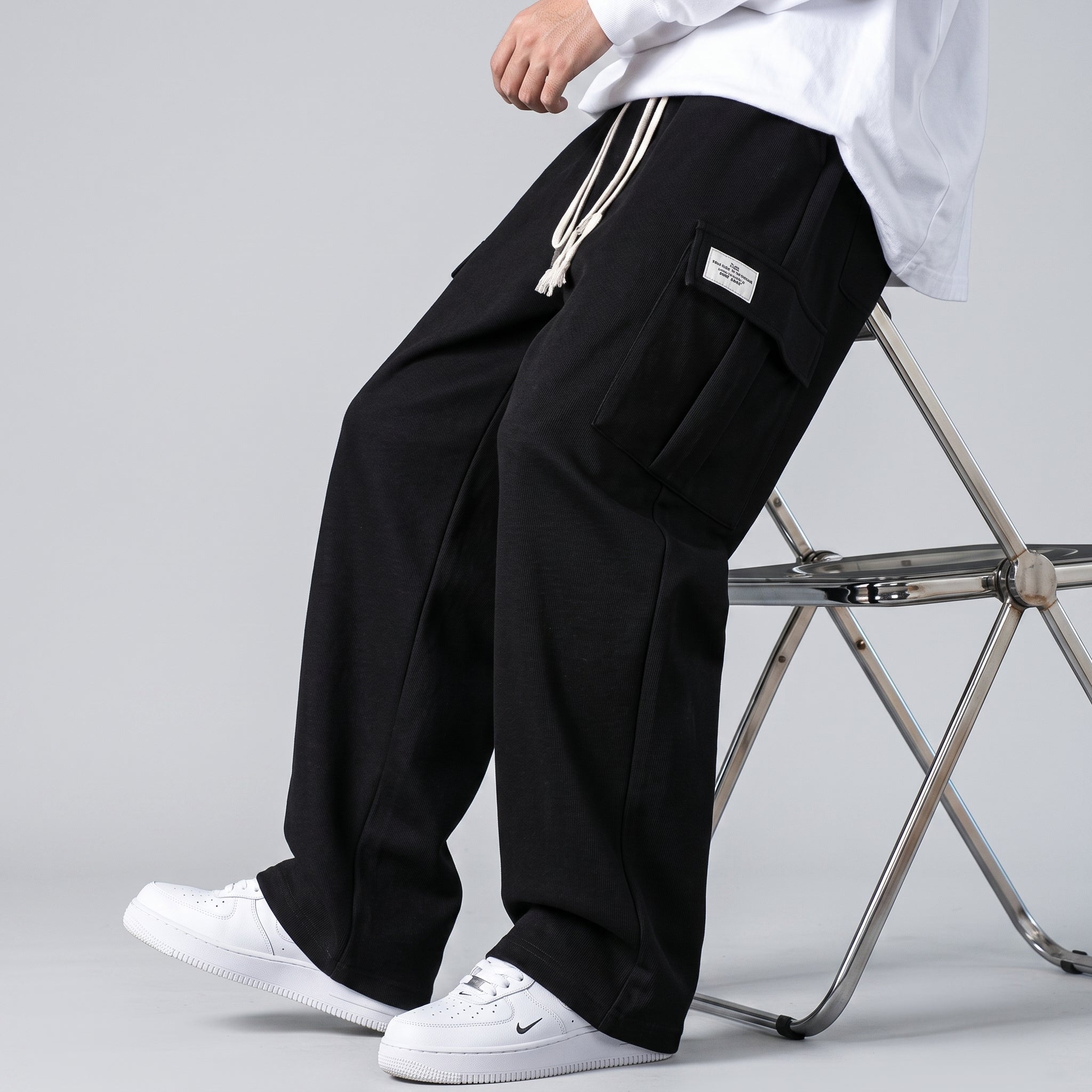 Charlie - Men's Wide-Leg Cargo Jogger Trousers with Drawstring Waist - Joggers - Black - Taylor & Bennett
