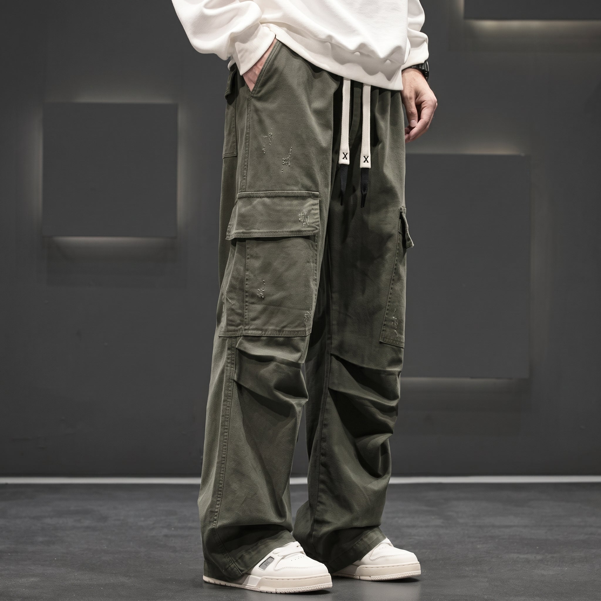Charlie - Men's Wide-Leg Cargo Trousers with Drawstring Waist - Cargo Pants - Green - Taylor & Bennett
