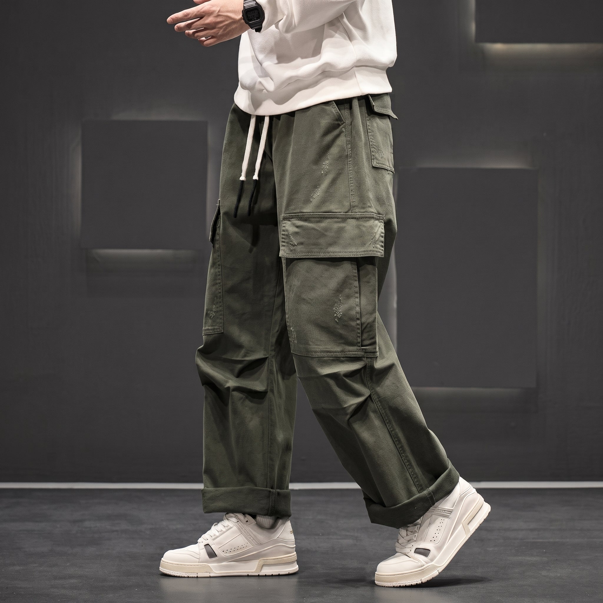 Charlie - Men's Wide-Leg Cargo Trousers with Drawstring Waist - Cargo Pants - Green - Taylor & Bennett