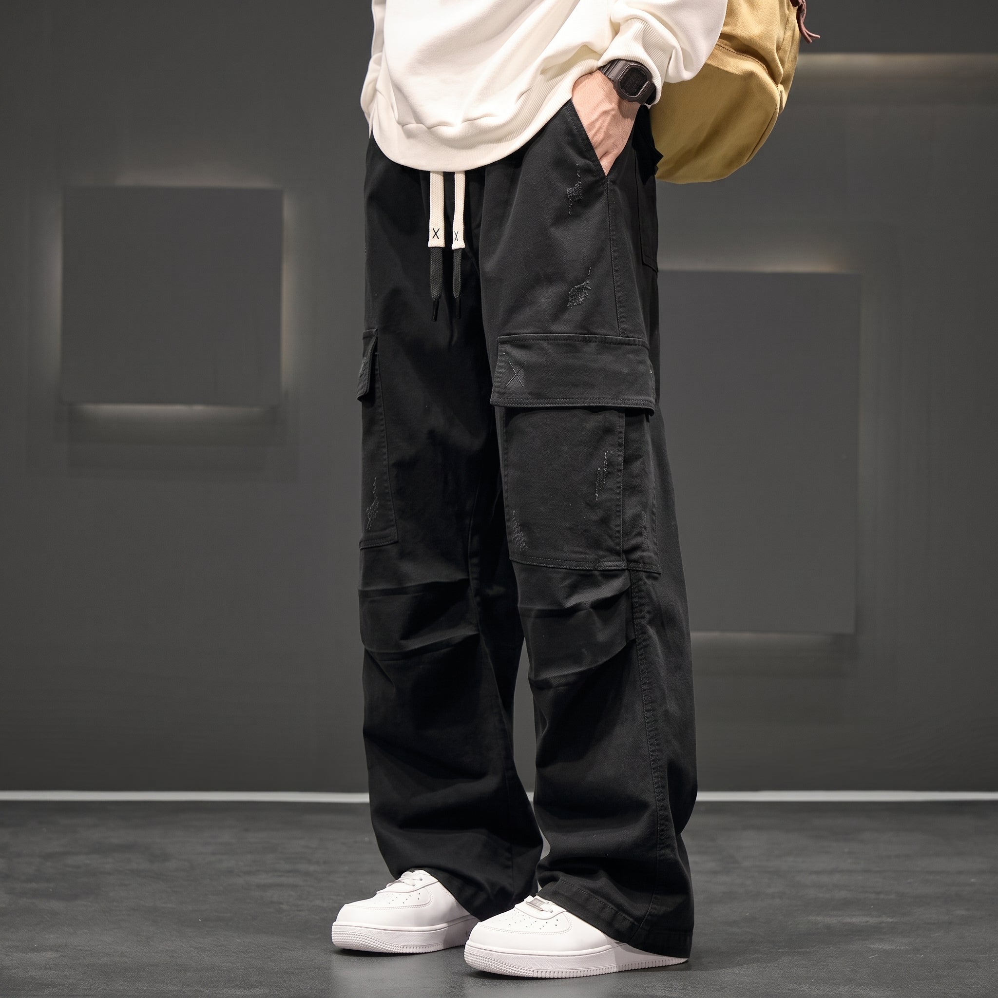 Charlie - Men's Wide-Leg Cargo Trousers with Drawstring Waist - Cargo Pants - Black - Taylor & Bennett
