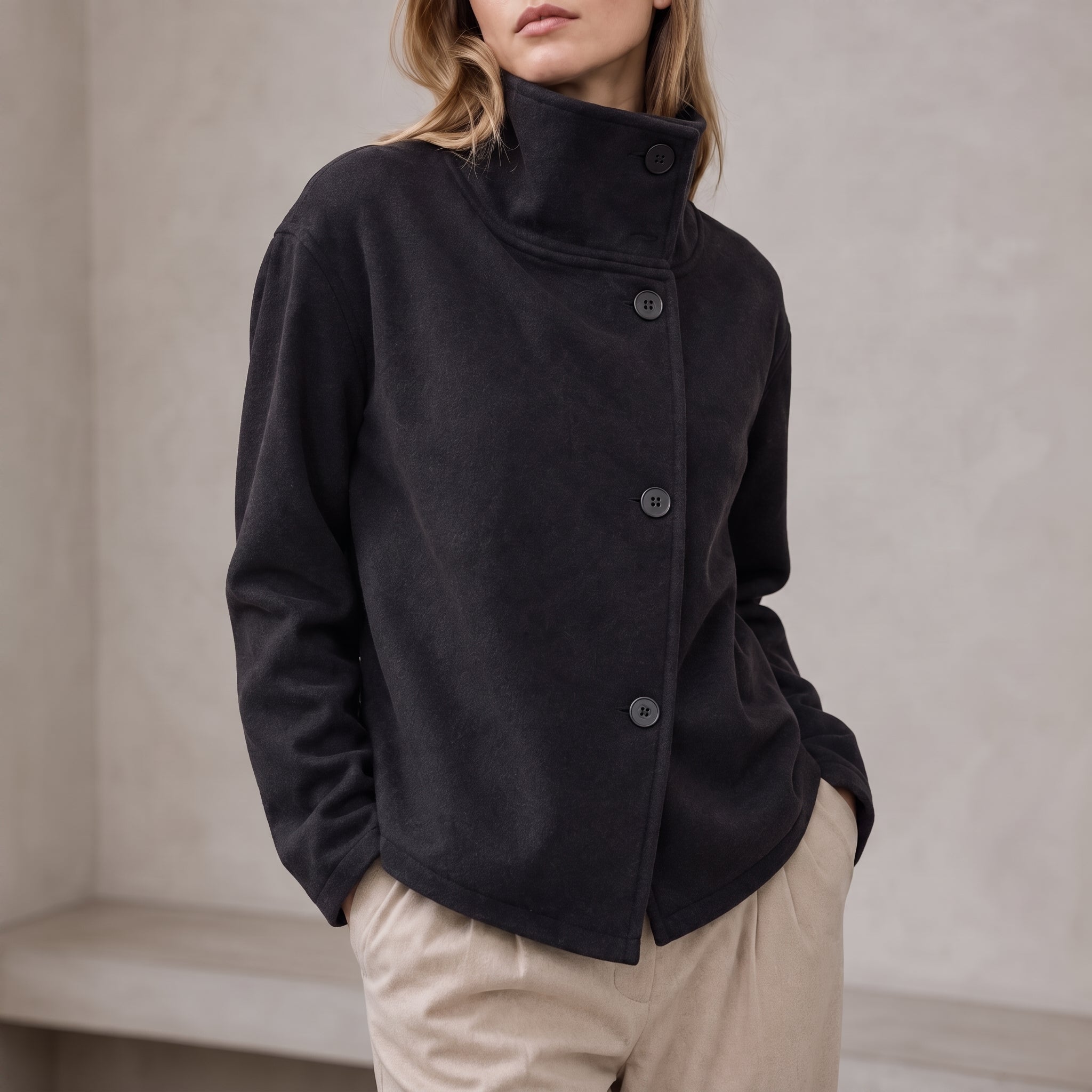 Charlotte - Women's Boxy Cropped Funnel Neck Coat - Overcoats - Black - Taylor & Bennett