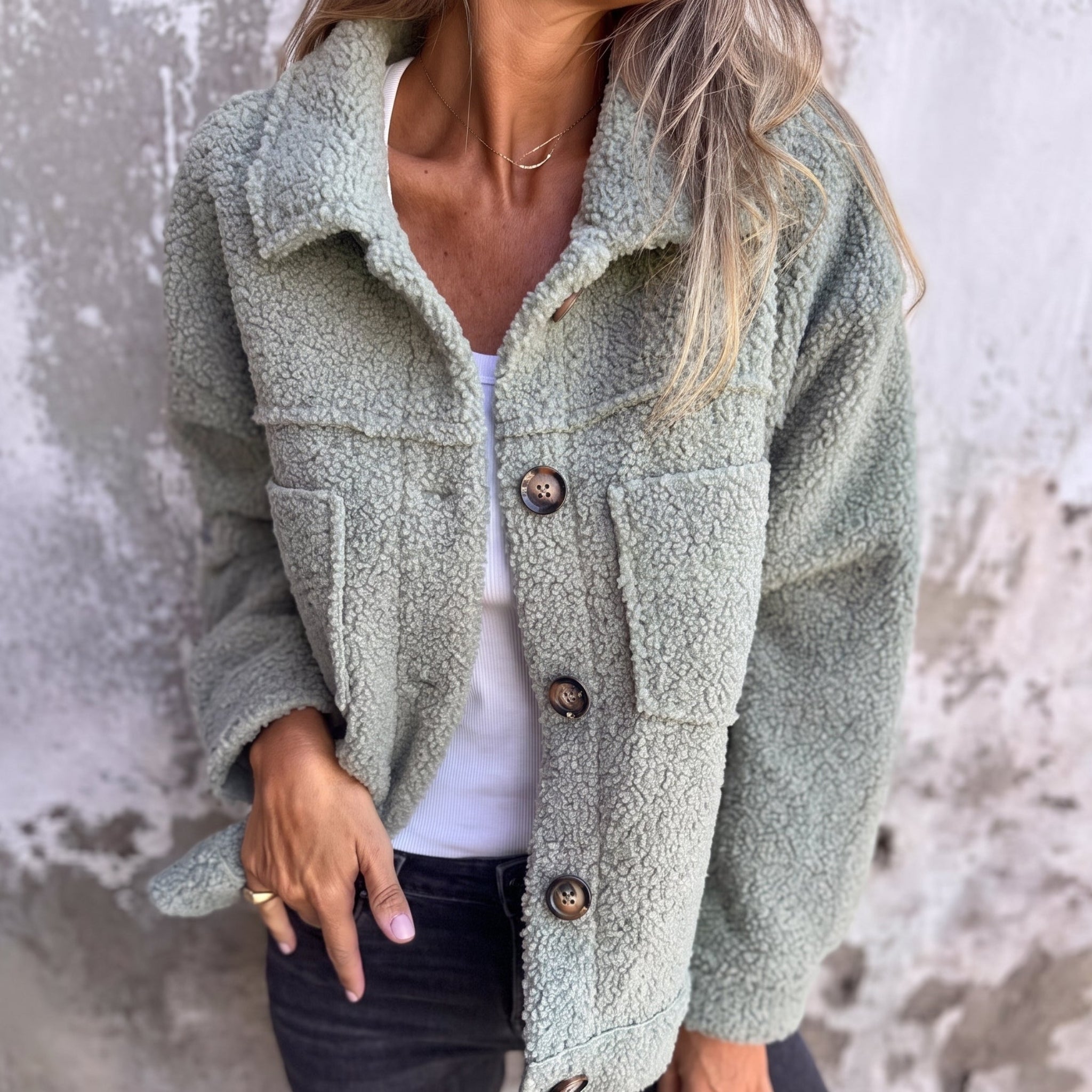 Charlotte - Women's Boxy Textured Jacket with Wide Collar - Coats & Jackets - Green - Taylor & Bennett