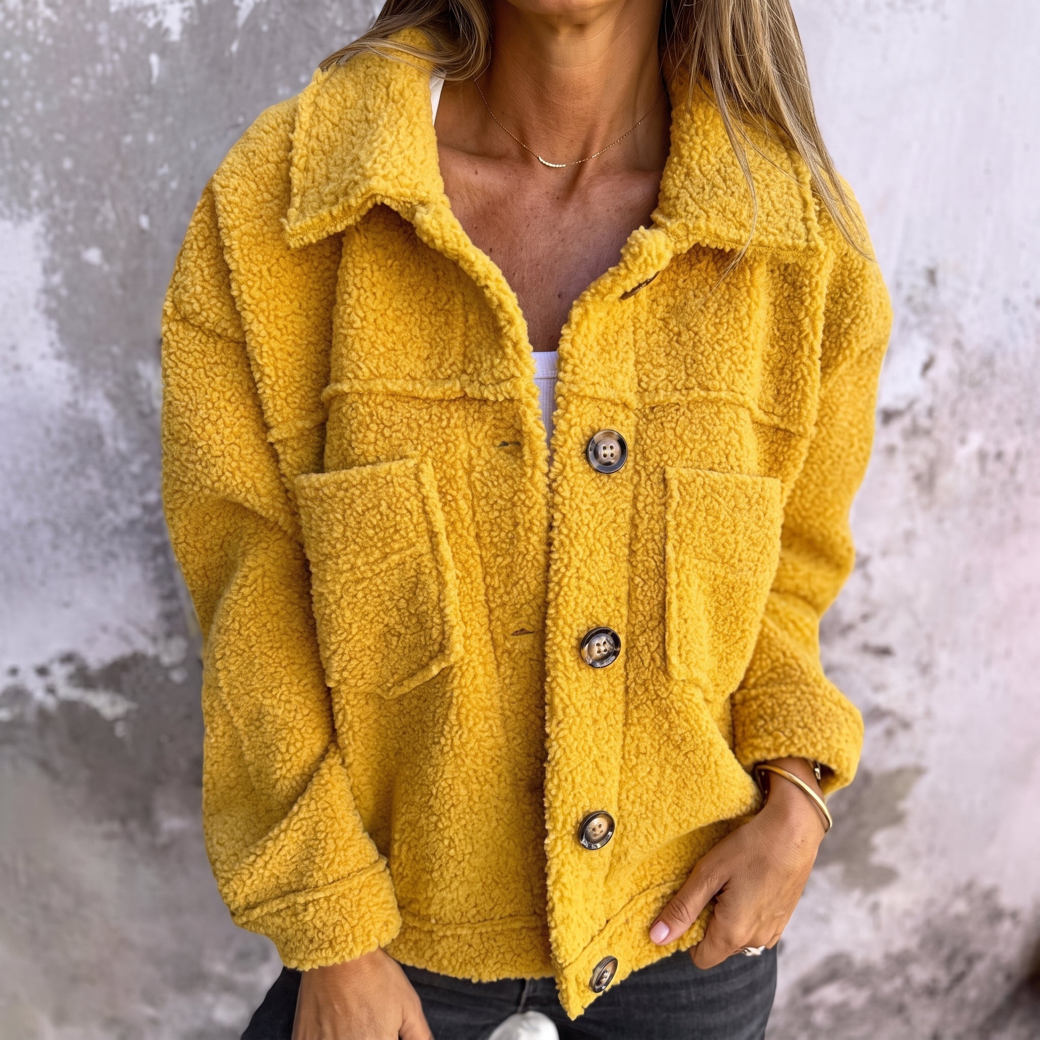 Charlotte - Women's Boxy Textured Jacket with Wide Collar - Coats & Jackets - Yellow - Taylor & Bennett