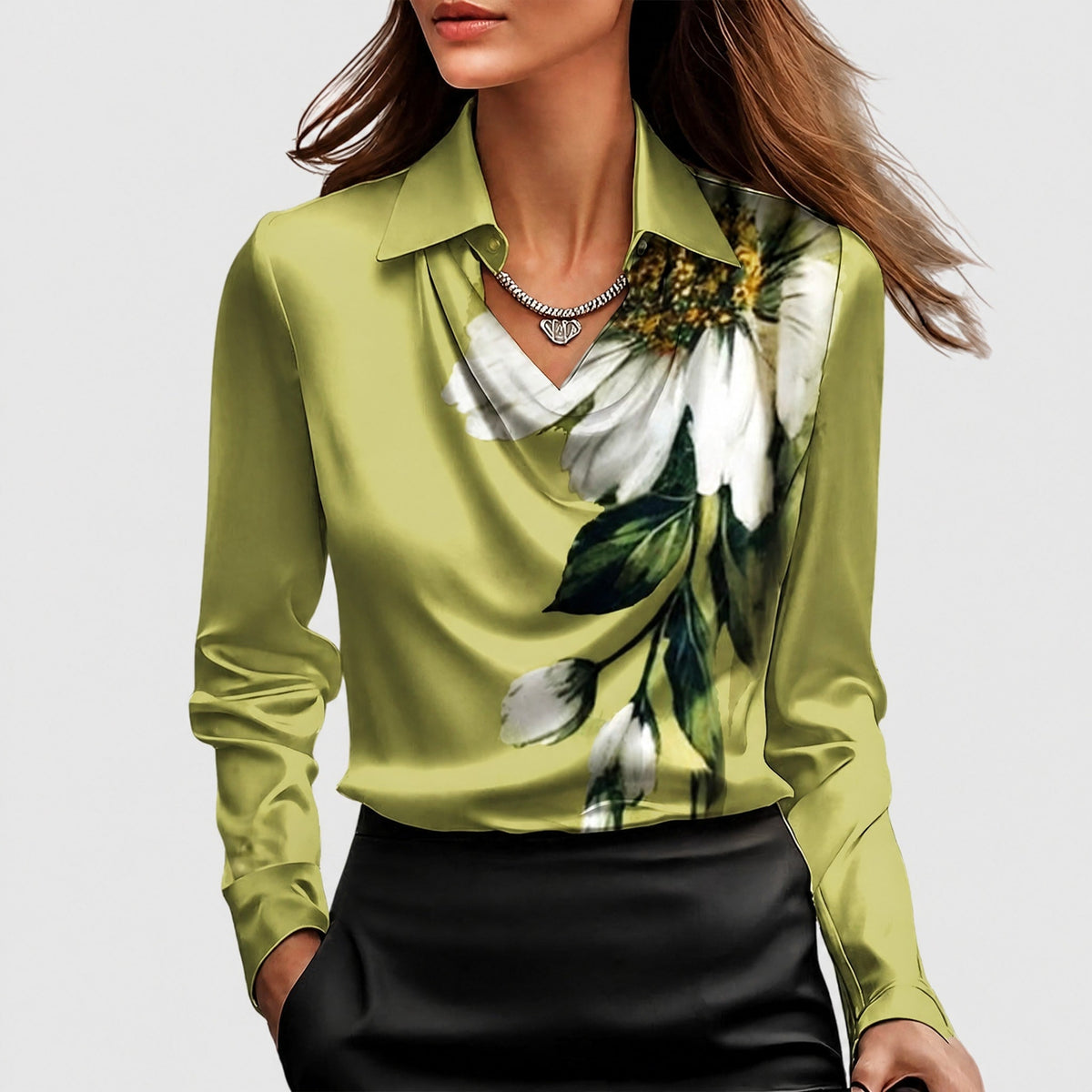 Charlotte - Women's Cowl Neck Blouse with Draped Collar - Blouses - Green - Taylor & Bennett