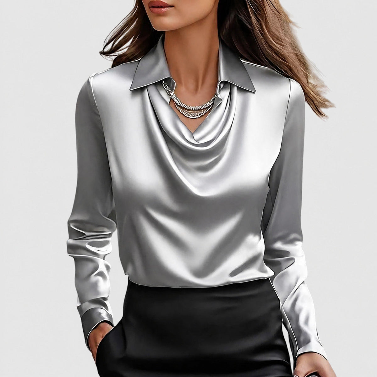 Charlotte - Women's Cowl Neck Blouse with Draped Collar - Blouses - Silver - Taylor & Bennett