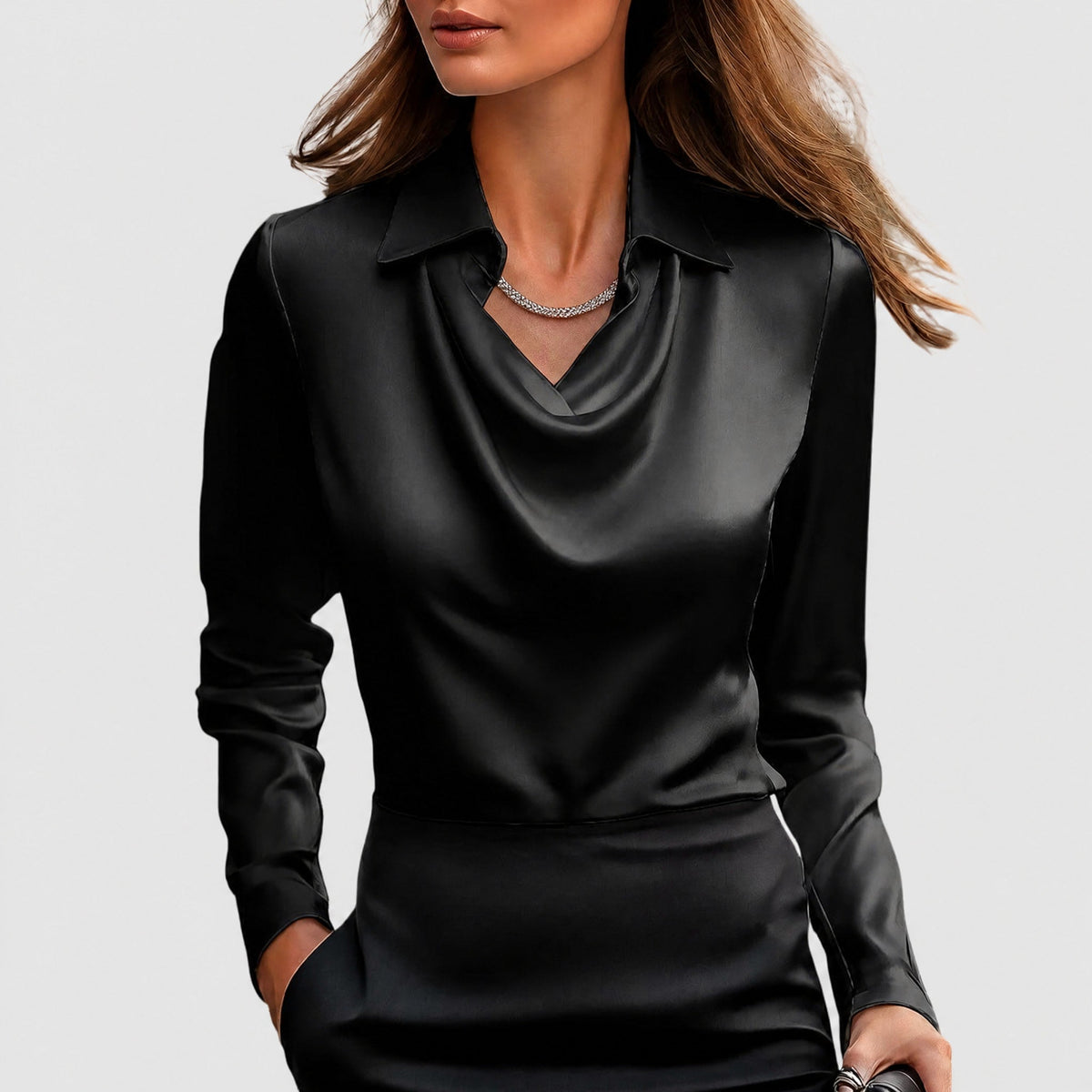Charlotte - Women's Cowl Neck Blouse with Draped Collar - Blouses - Black - Taylor & Bennett