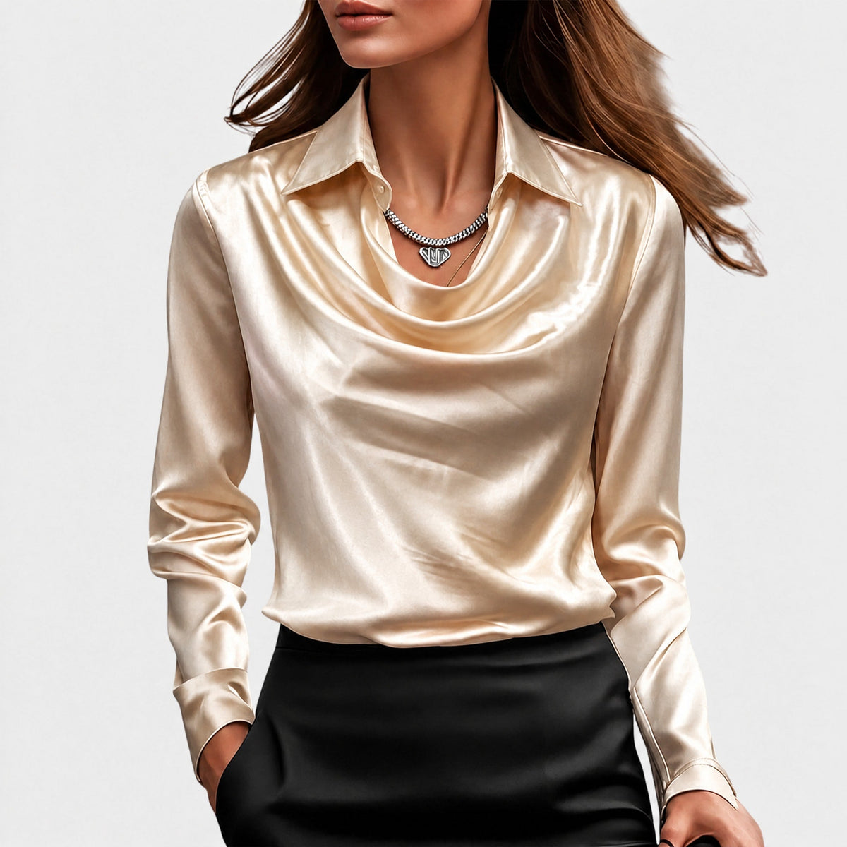 Charlotte - Women's Cowl Neck Blouse with Draped Collar - Blouses - Beige - Taylor & Bennett