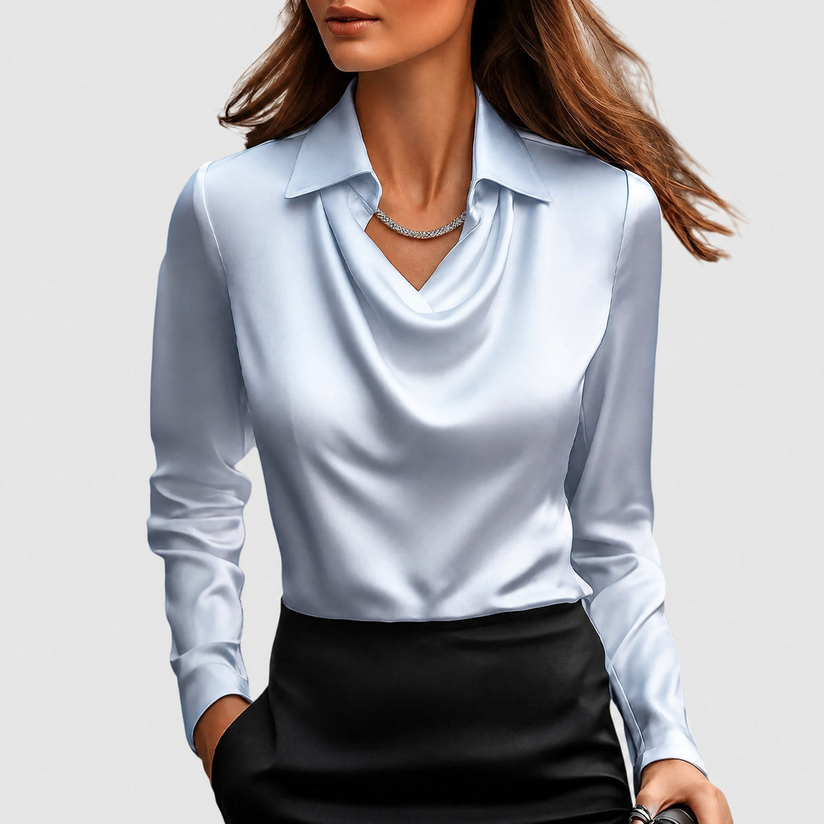 Charlotte - Women's Cowl Neck Blouse with Draped Collar - Blouses - Light Blue - Taylor & Bennett