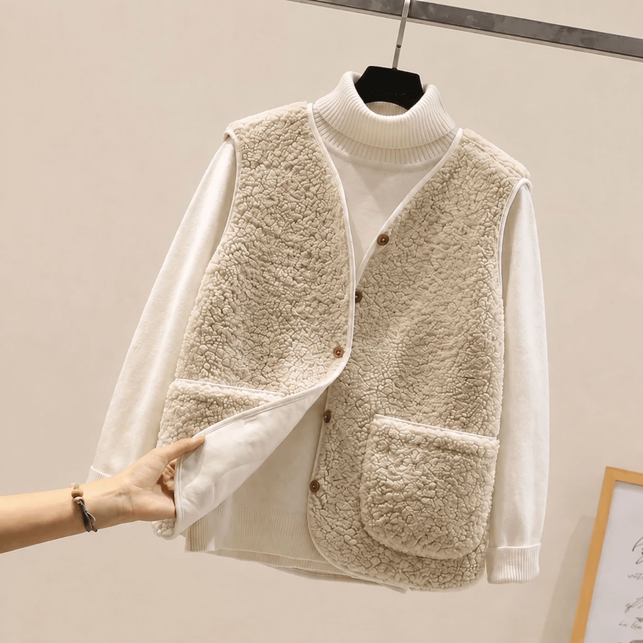 Charlotte - Women's Cropped Collarless Teddy Gilet - Vests - Cream - Taylor & Bennett