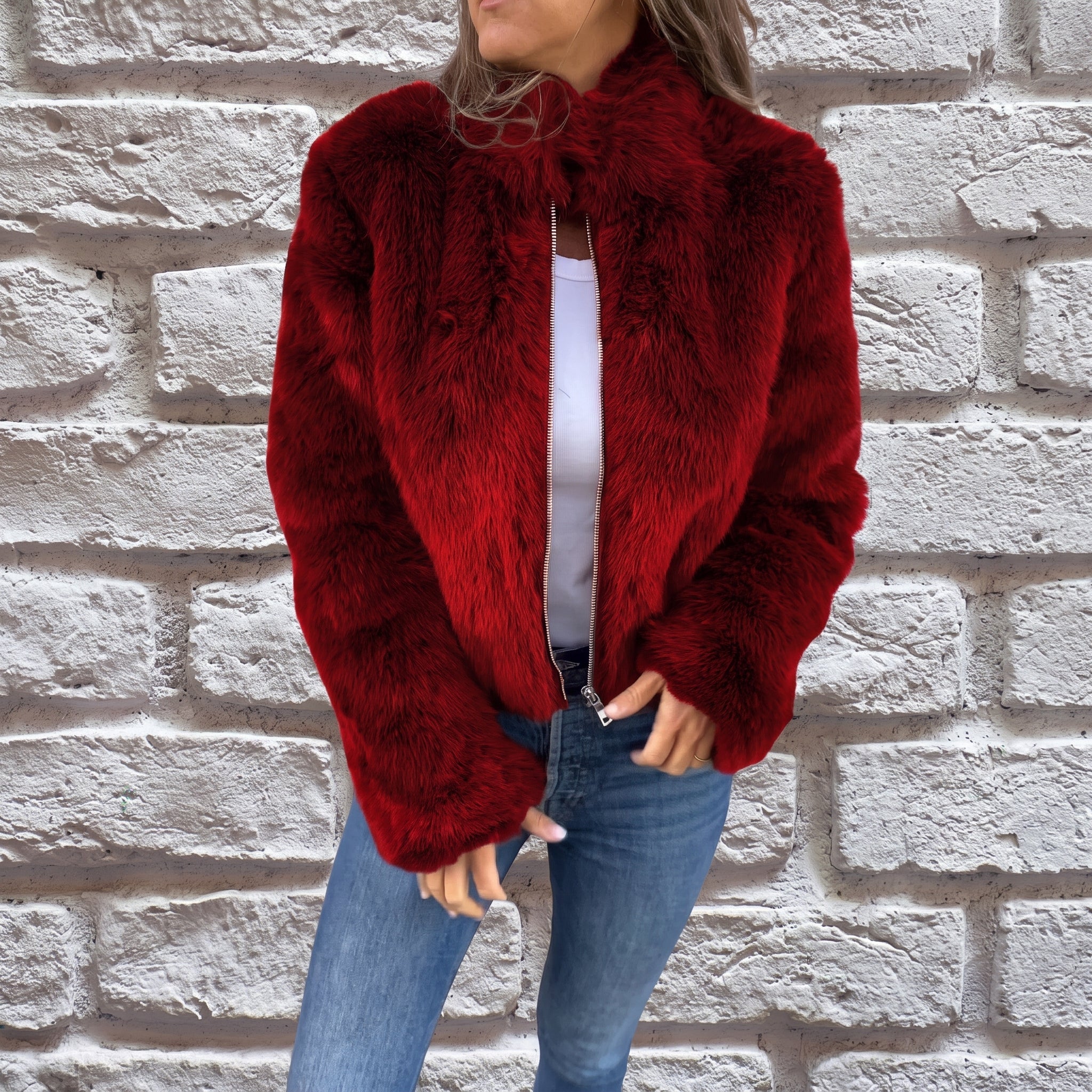 Charlotte - Women's Cropped Fluffy Jacket with Stand Collar - Wrap Coat - Red - Taylor & Bennett