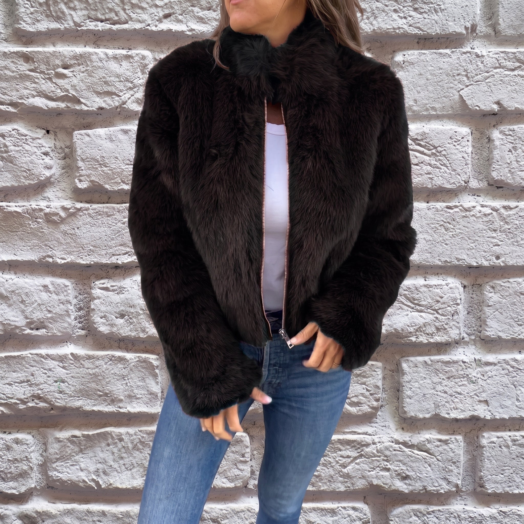 Charlotte - Women's Cropped Fluffy Jacket with Stand Collar - Wrap Coat - Black - Taylor & Bennett
