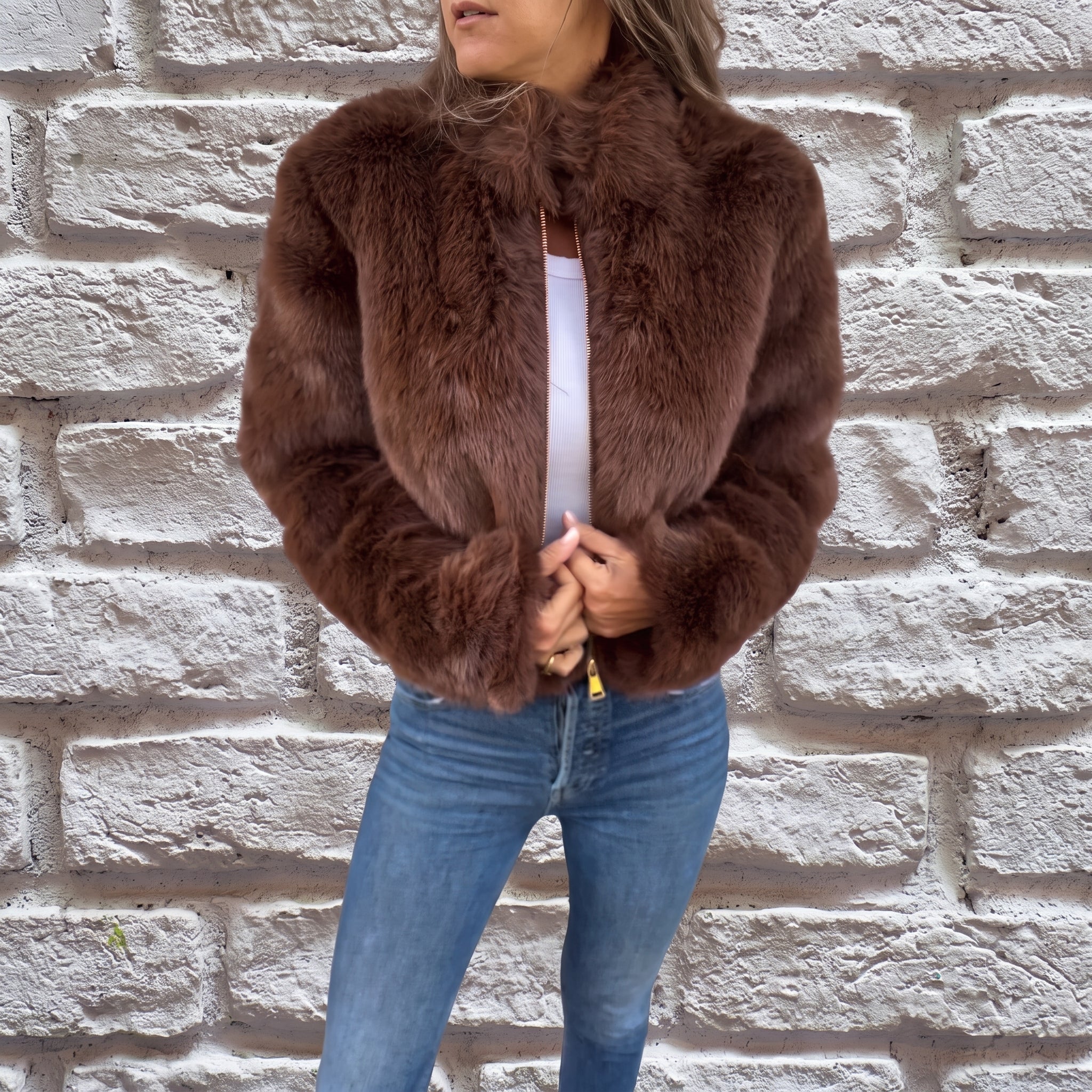 Charlotte - Women's Cropped Fluffy Jacket with Stand Collar - Wrap Coat - Brown - Taylor & Bennett