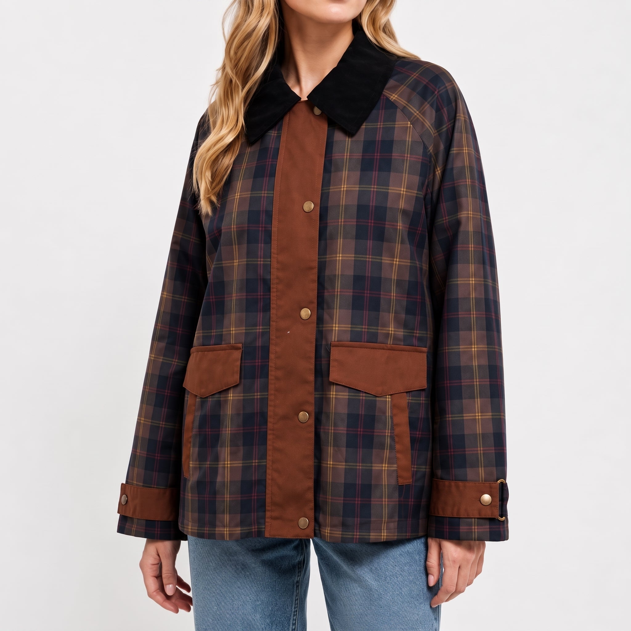 Charlotte - Women's Oversized Plaid Transitional Jacket with Contrast Collar - Wrap Coat - Brown - Taylor & Bennett