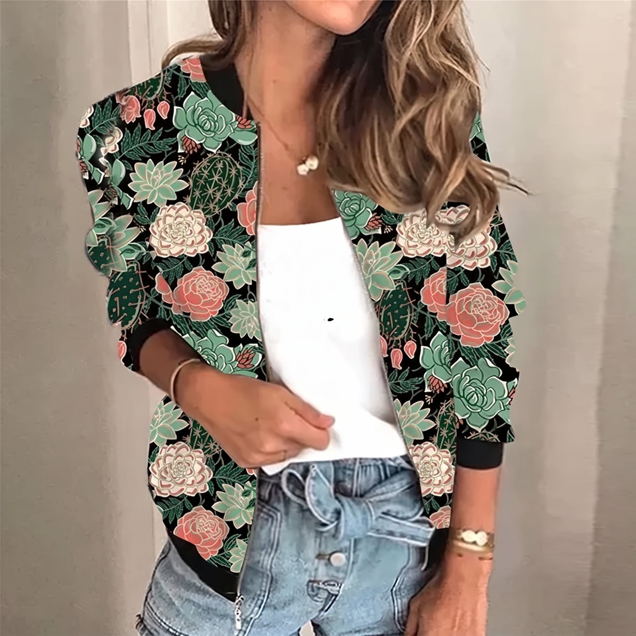 Charlotte - Women's Relaxed Fit Lightweight Printed Jacket - Jackets - Green - Taylor & Bennett