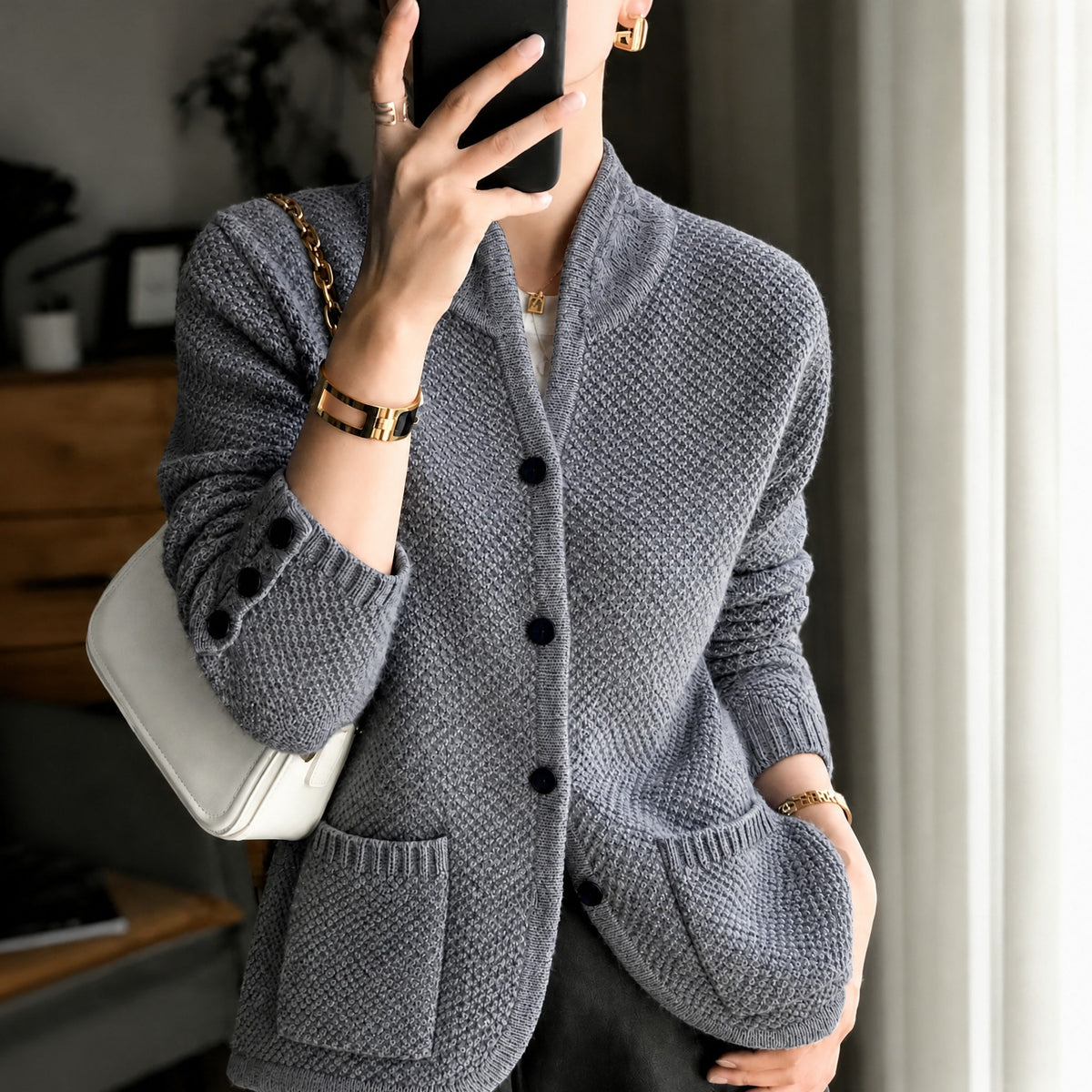 Charlotte - Women's Textured Knit Cardigan with Button Front - Cardigans - Grey - Taylor & Bennett