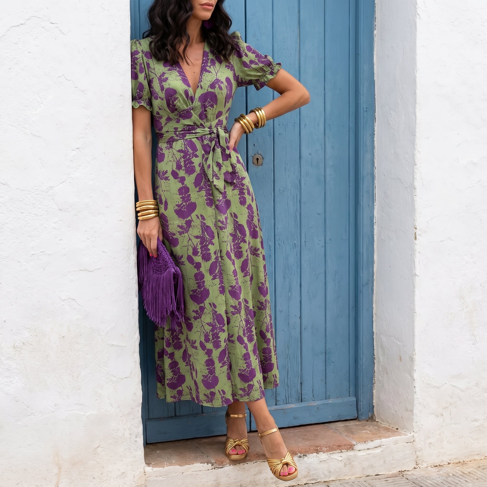Charlotte - Women's Wedding Guest Floral Wrap Midi Dress - Midi Dress - Green - Taylor & Bennett