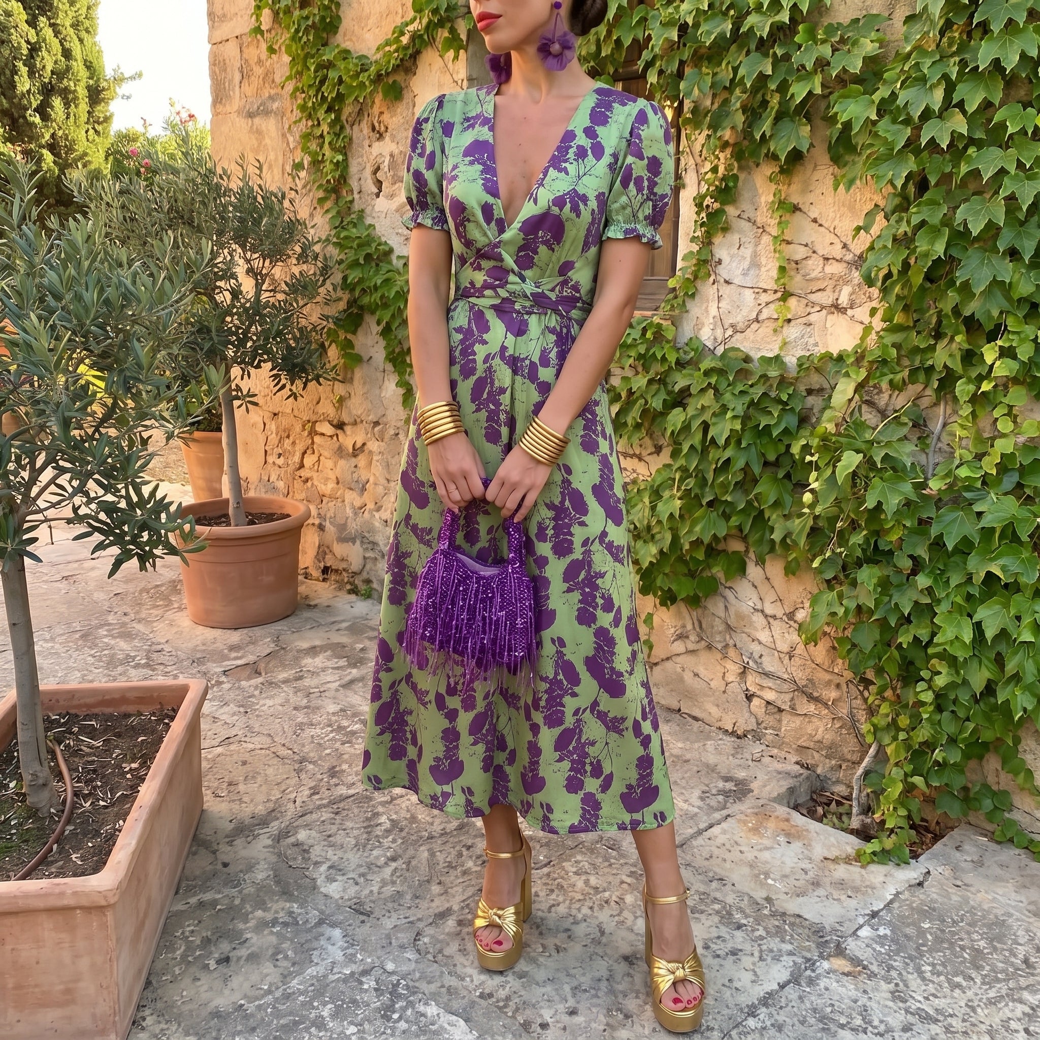 Charlotte - Women's Wedding Guest Floral Wrap Midi Dress - Midi Dress - Green - Taylor & Bennett