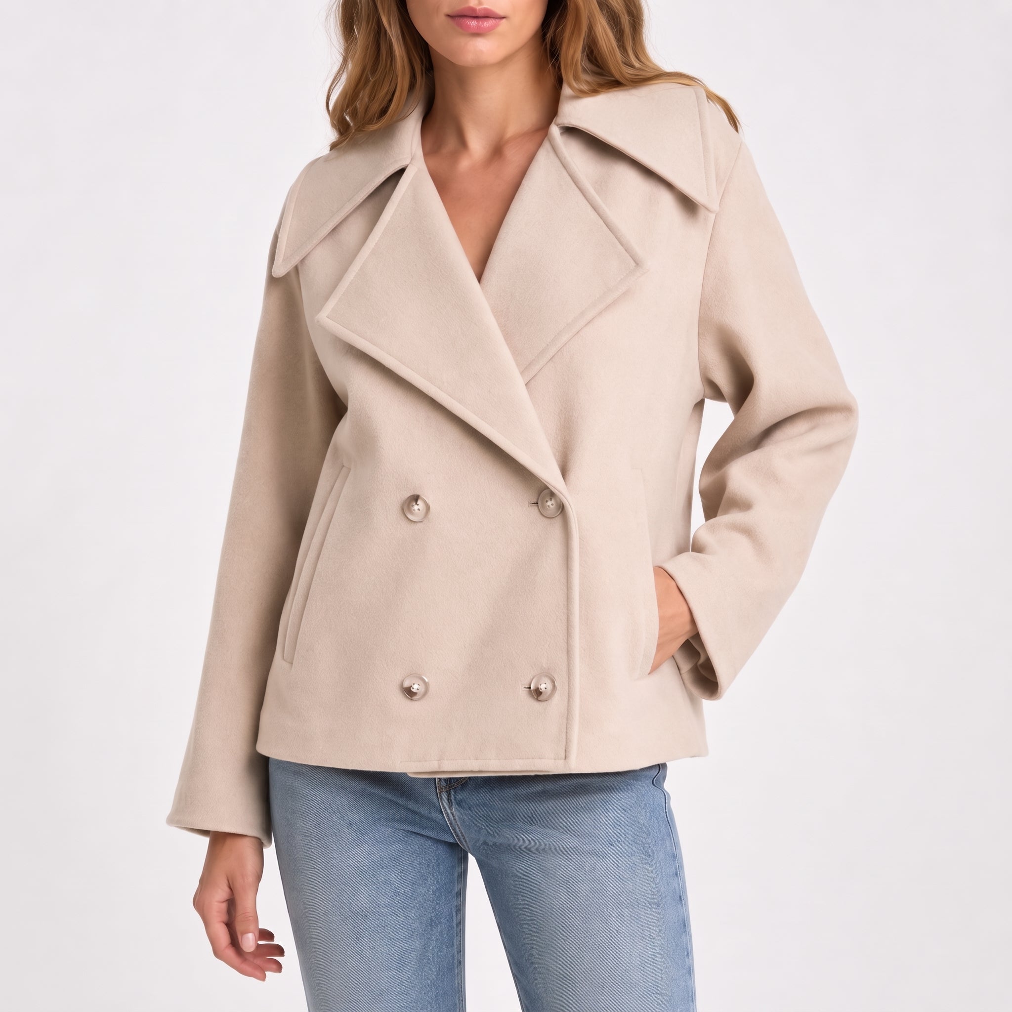 Charlotte - Women's Wide Lapel Cropped Double-Breasted Jacket - Pea Coats - Beige - Taylor & Bennett