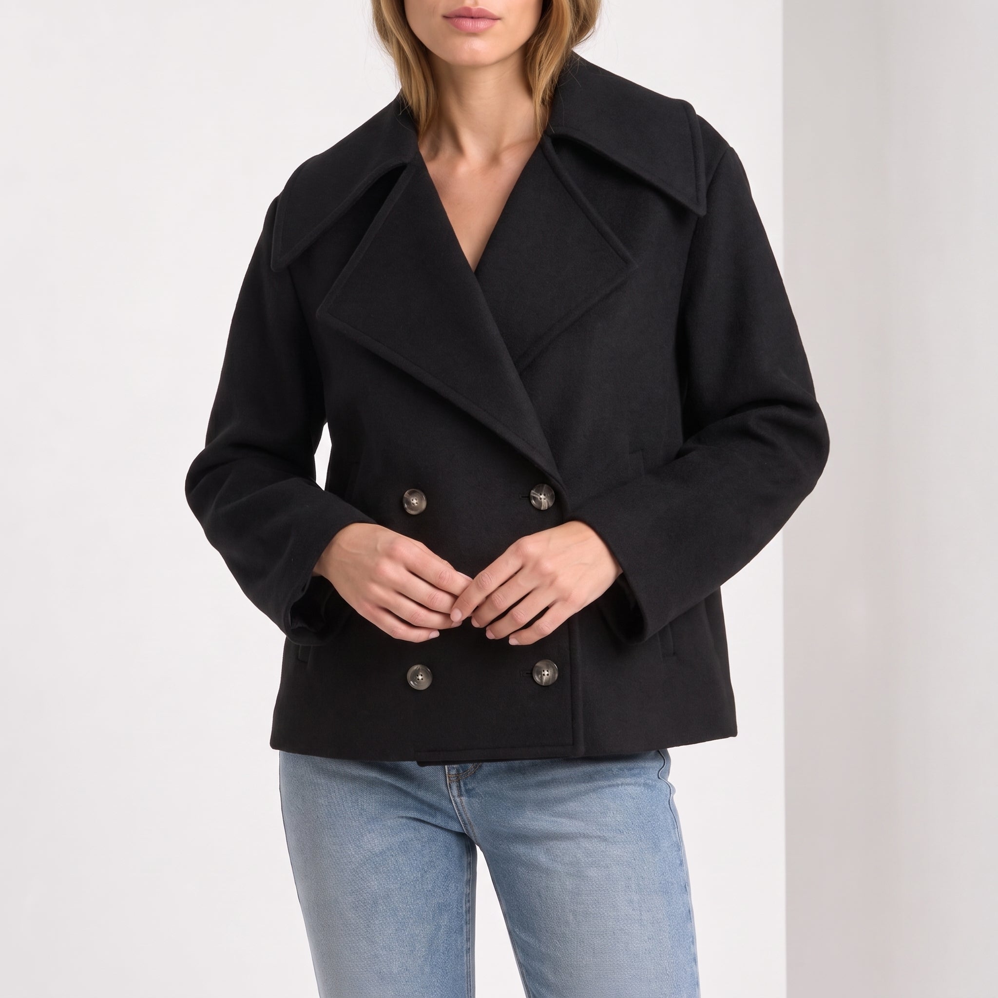 Charlotte - Women's Wide Lapel Cropped Double-Breasted Jacket - Pea Coats - Black - Taylor & Bennett