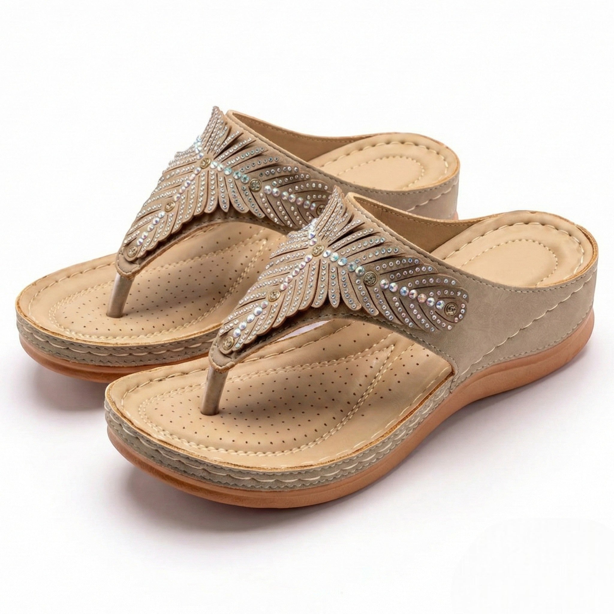 Chloe - Women's Beaded Wedge Sandals - Sandals - Beige - Taylor & Bennett