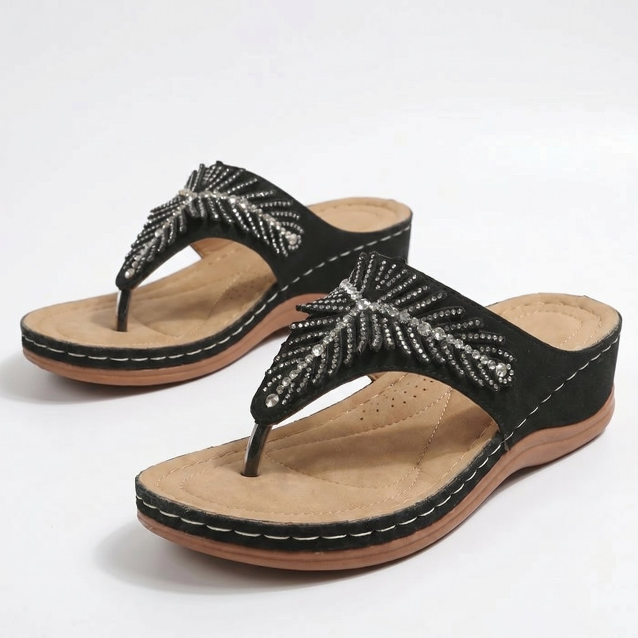 Chloe - Women's Beaded Wedge Sandals - Sandals - Black - Taylor & Bennett