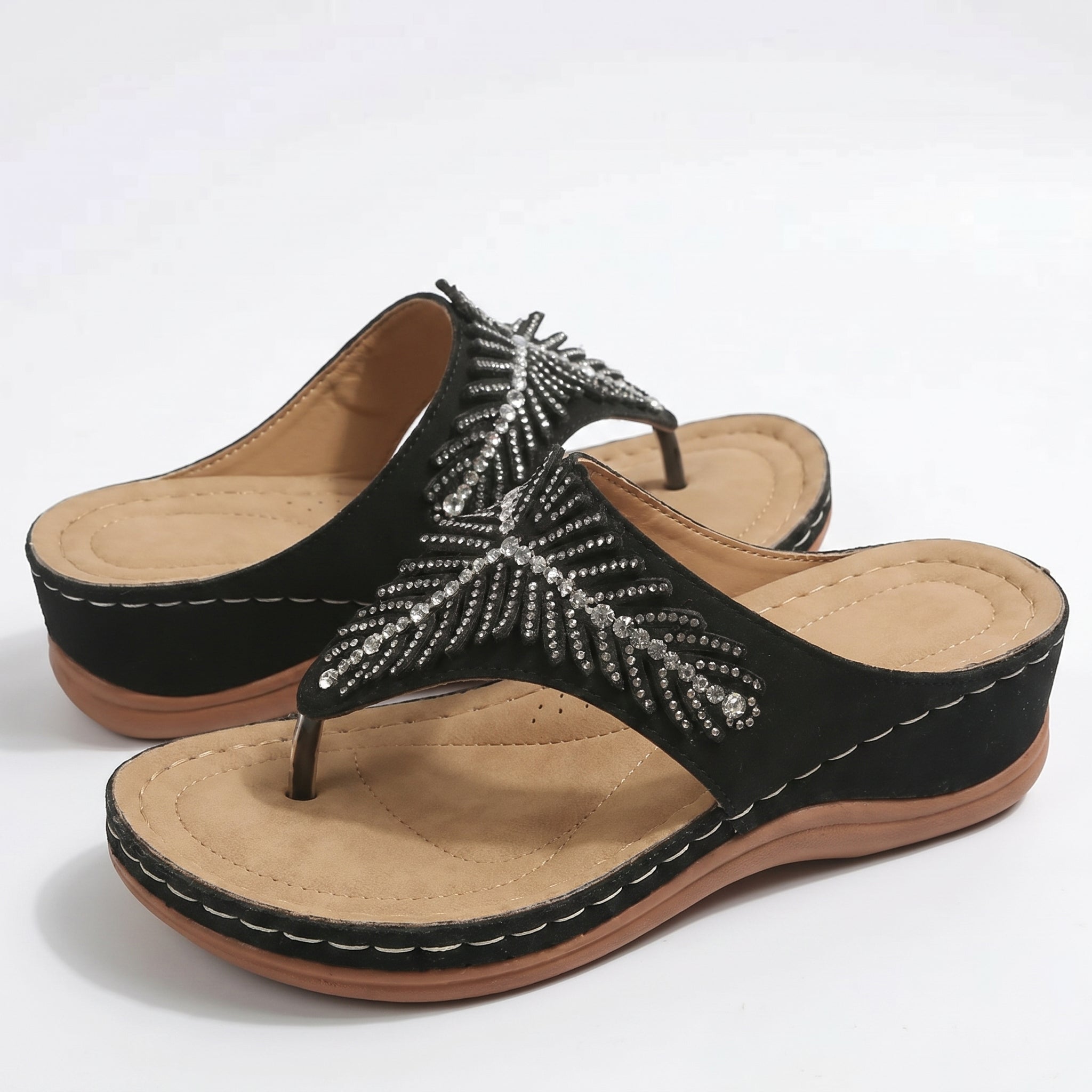 Chloe - Women's Beaded Wedge Sandals - Sandals - Black - Taylor & Bennett