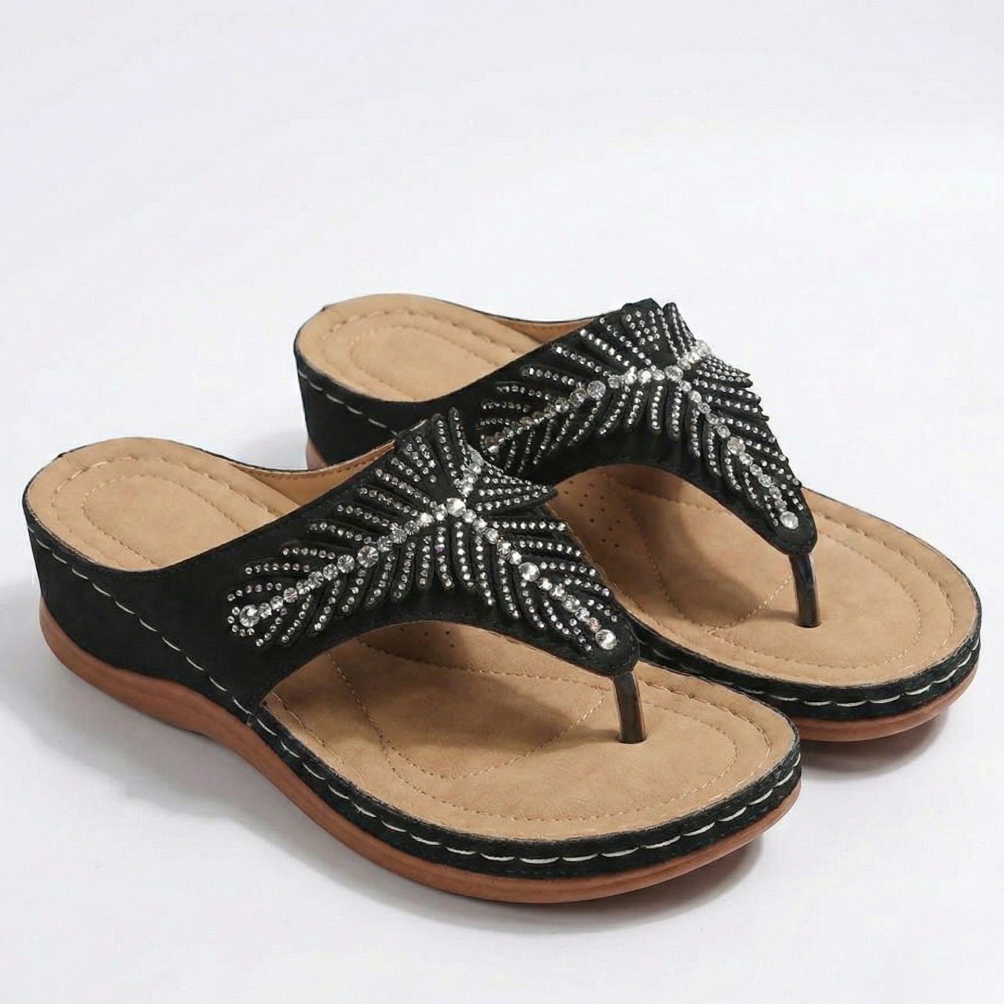 Chloe - Women's Beaded Wedge Sandals - Sandals - Black - Taylor & Bennett