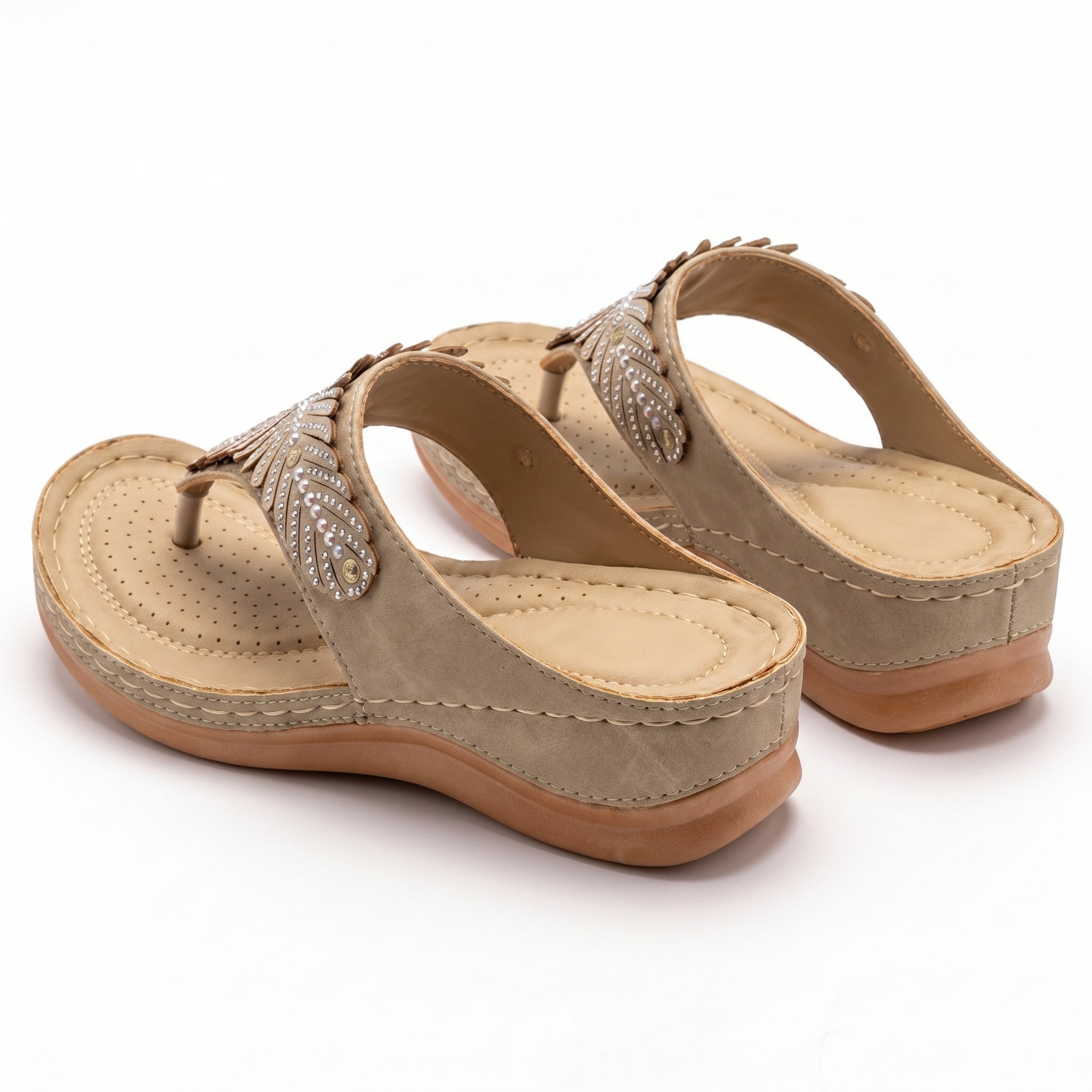 Chloe - Women's Beaded Wedge Sandals - Sandals - Beige - Taylor & Bennett